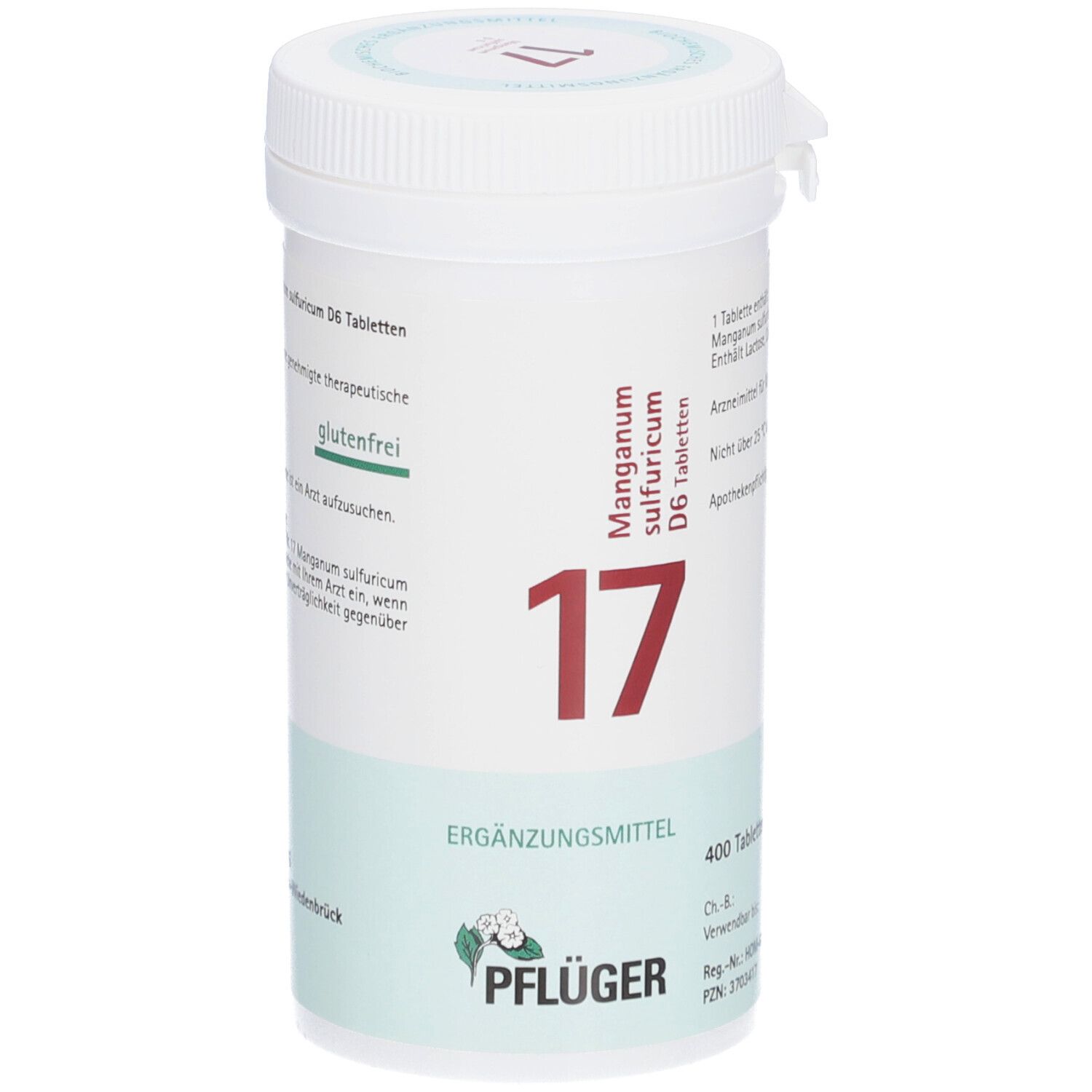 Weißes Tabletten-Behältnis mit roter Aufschrift "17". Text: "Manganum sulfuricum D6 Tabletten", "Pflüger".