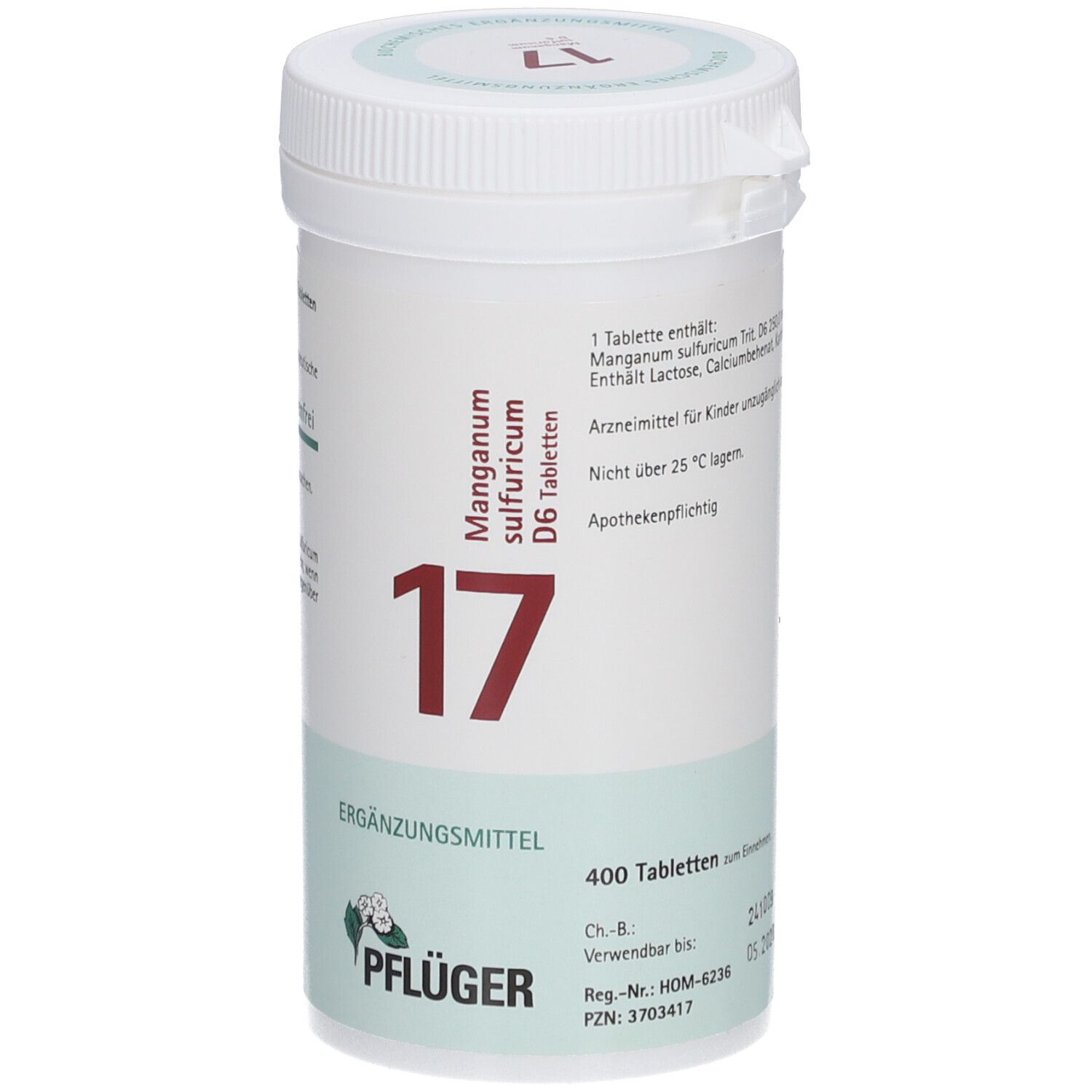 Weißes Tabletten-Behältnis mit roter Aufschrift "17". Text: "Manganum sulfuricum D6 Tabletten", "Pflüger".