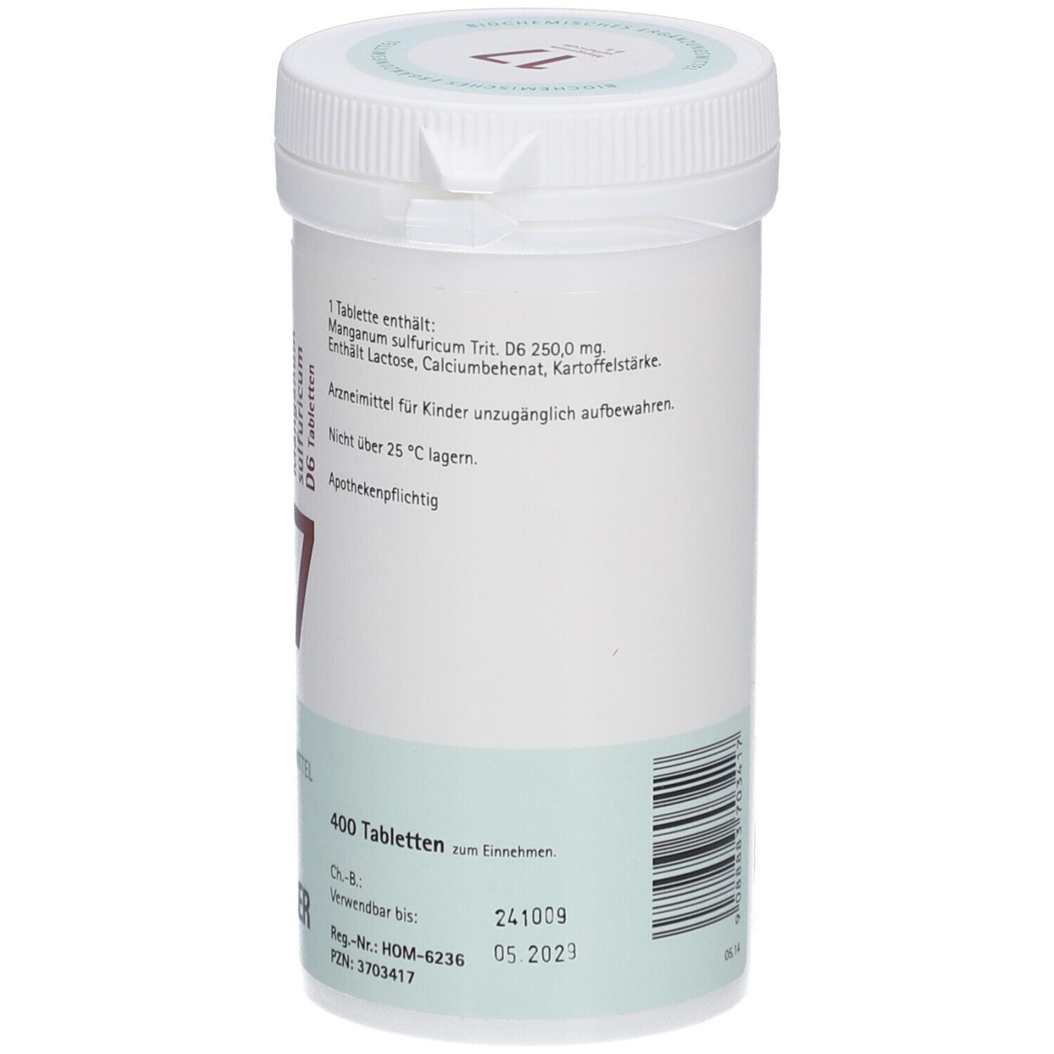 Weißes Tabletten-Behältnis mit roter Aufschrift "17". Text: "Manganum sulfuricum D6 Tabletten". Verfallsdatum: 05.2023.