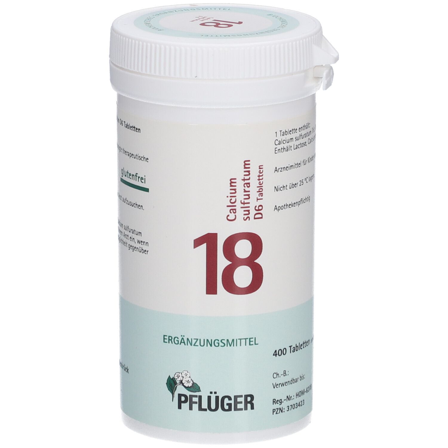 Weiße Tabletten-Dose mit Aufschrift "18 Calcium sulfuratum D6 Tabletten". Grün-weiße Etiketten. Pflüger-Logo.