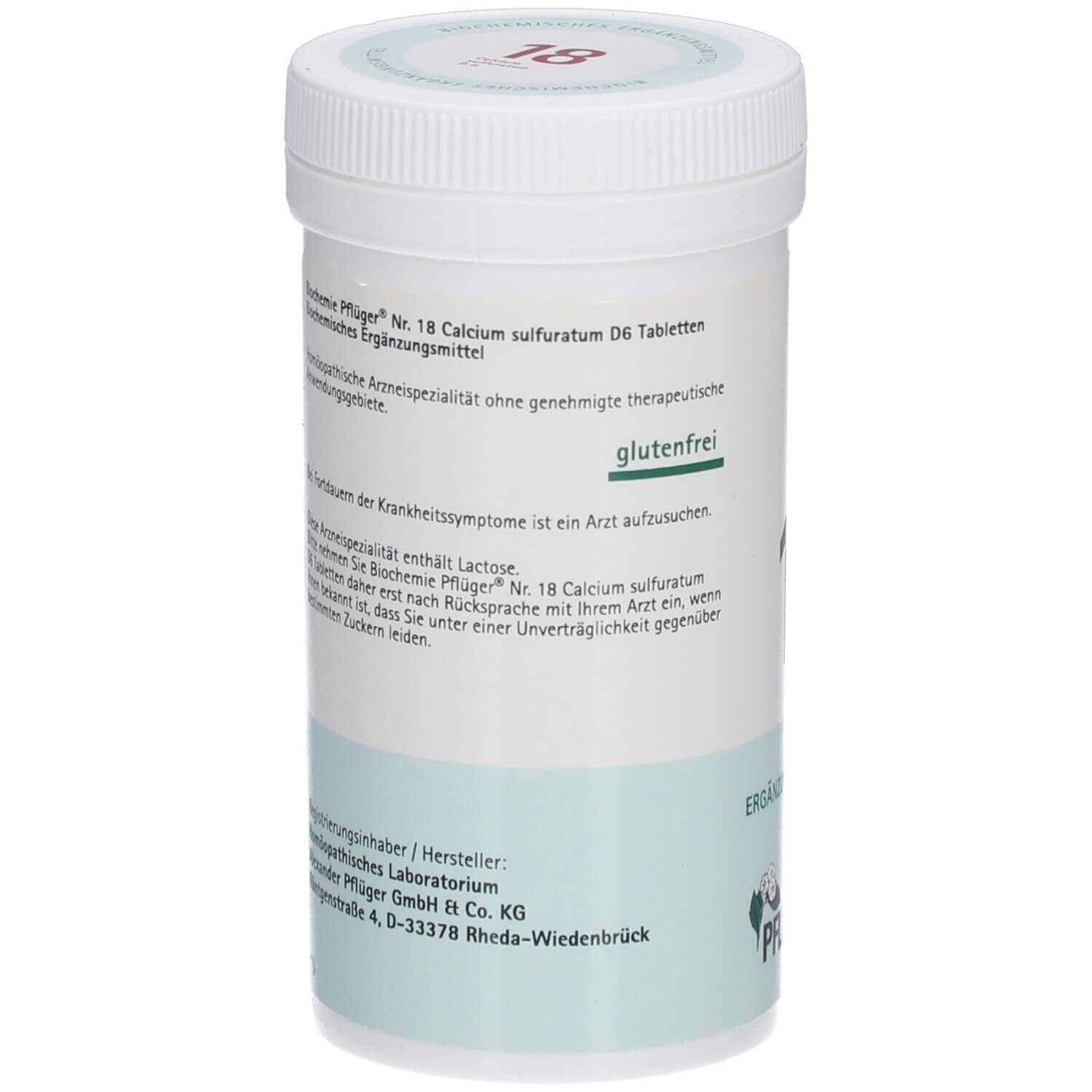Weiße Tabletten-Dose. Rückseite mit Text und Herstellerinformationen. "glutenfrei" Aufkleber. Pflüger-Logo.