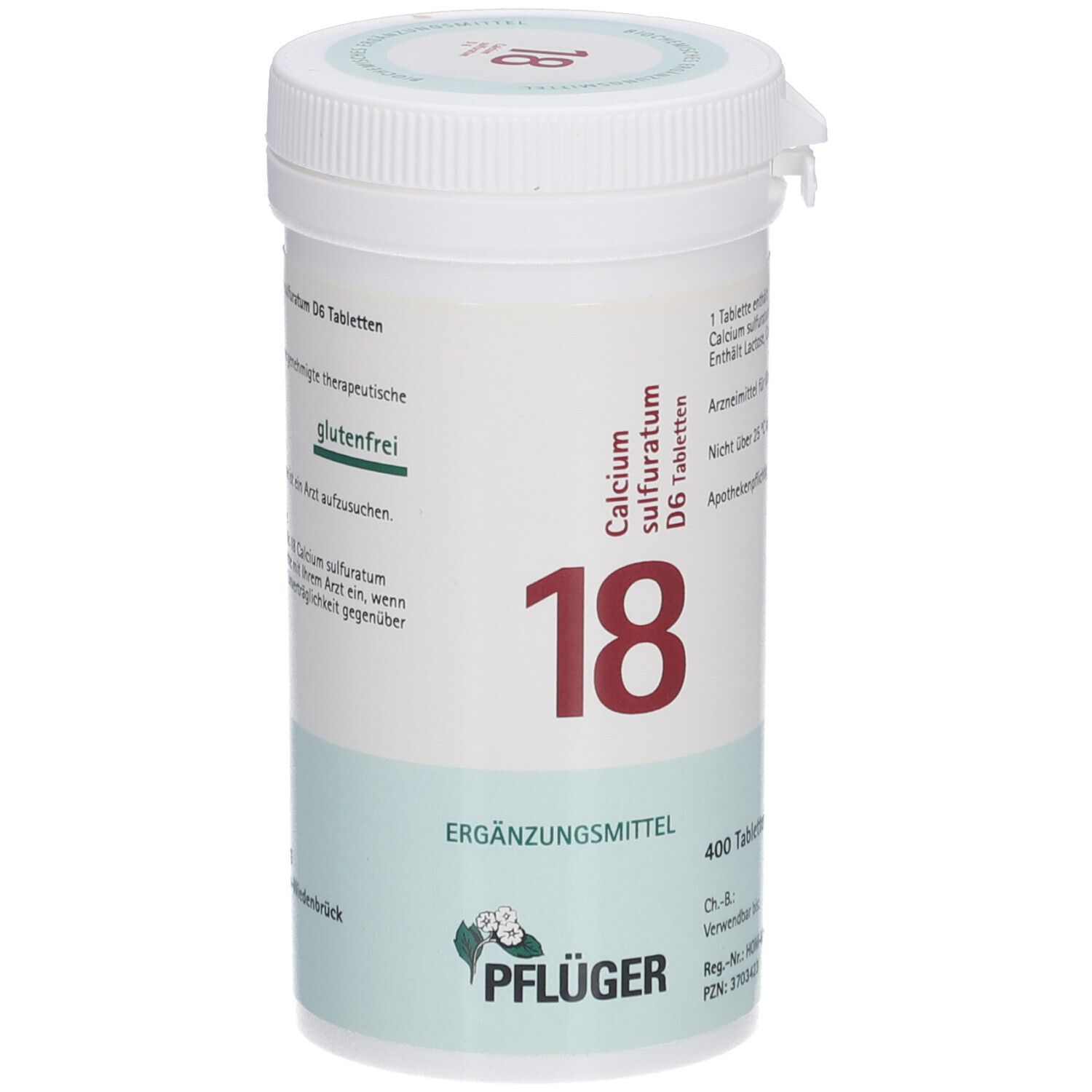 Weiße Tabletten-Dose mit Aufschrift "18 Calcium sulfuratum D6 Tabletten". Grün-weiße Etiketten. Pflüger-Logo.