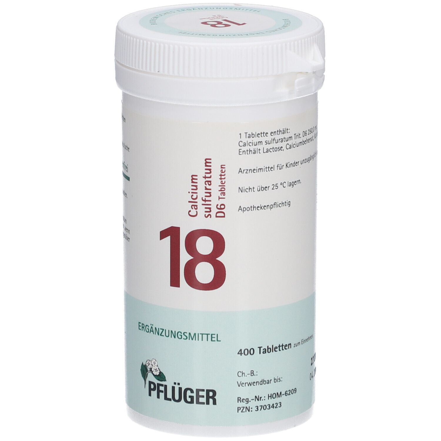 Weiße Tabletten-Dose mit Aufschrift "18 Calcium sulfuratum D6 Tabletten". Grün-weiße Etiketten. Pflüger-Logo.