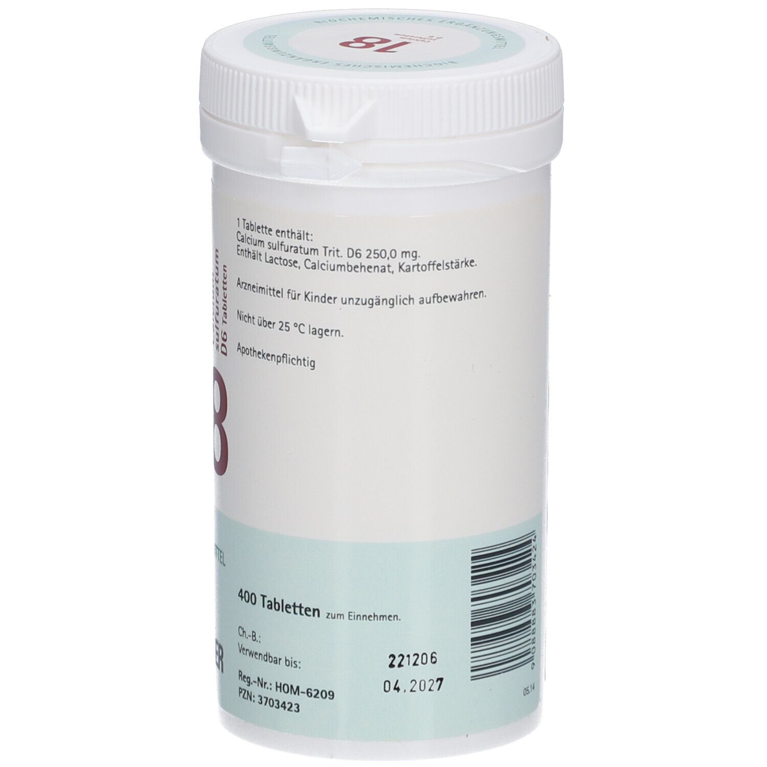 Weiße Tabletten-Dose mit Aufschrift "18 Calcium sulfuratum D6 Tabletten". Grün-weiße Etiketten. Pflüger-Logo.