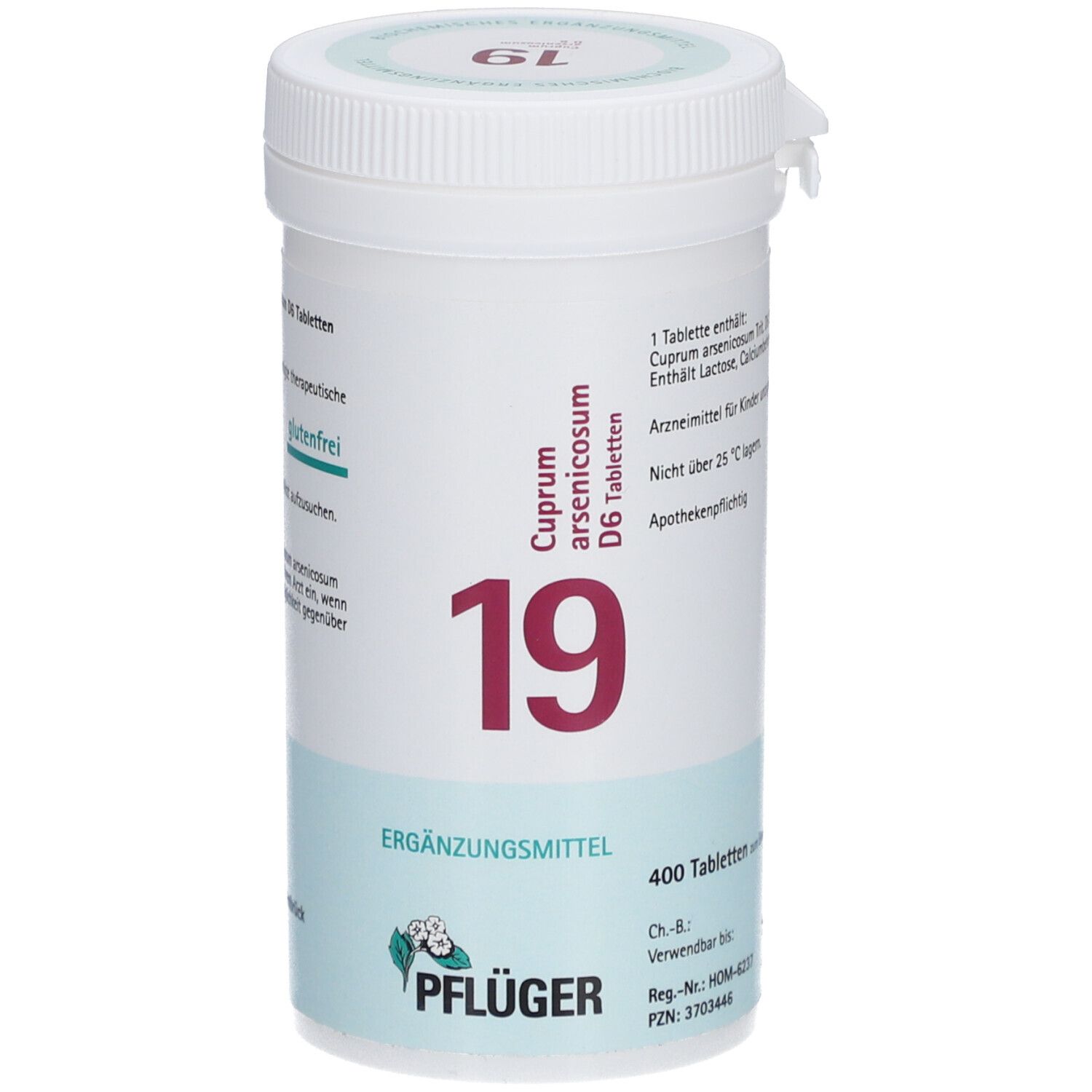Weiße Tabletten-Dose mit Aufschrift '19' und 'Cuprum arsenicosum D6 Tabletten'. Marke: Pflüger. 400 Tabletten.