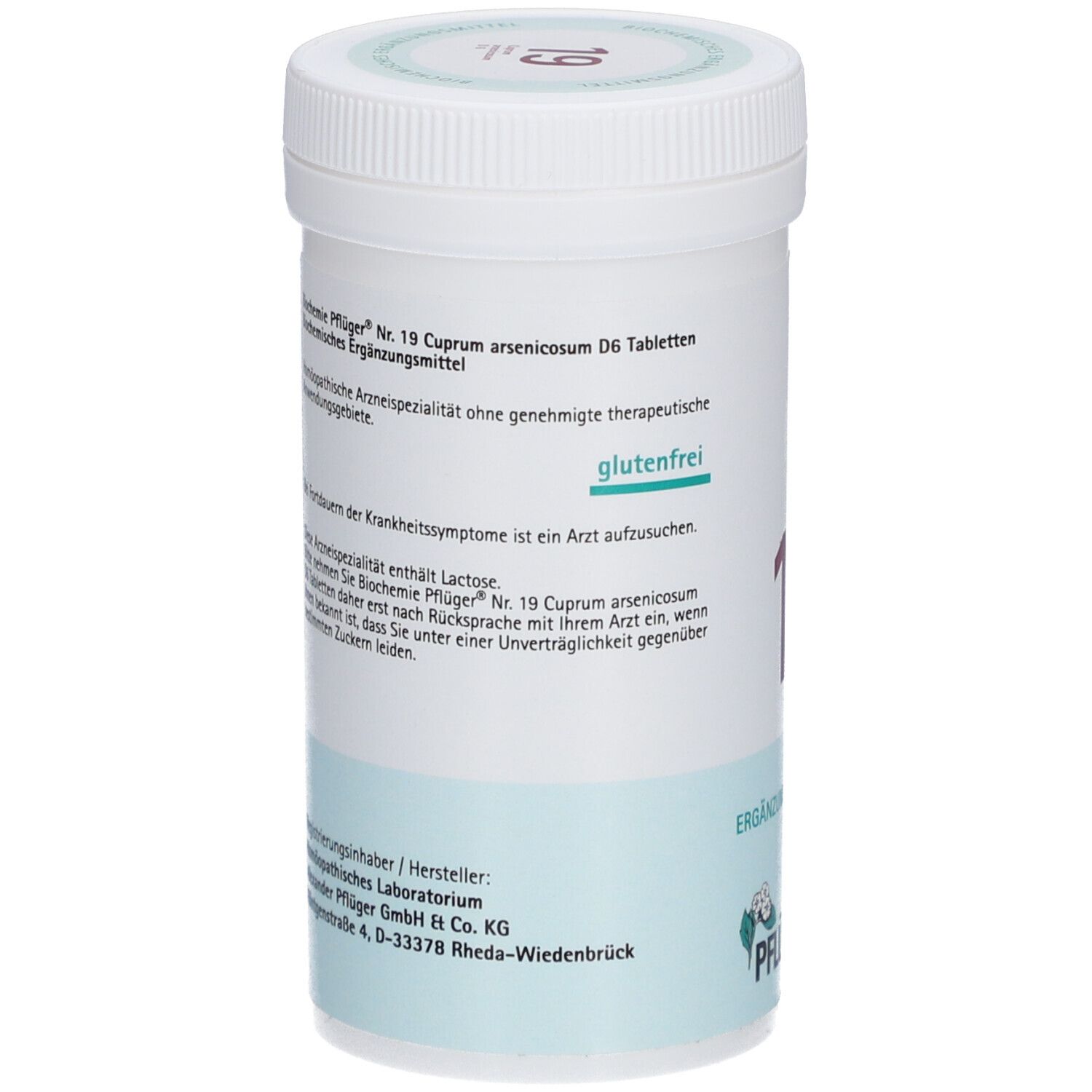 Weiße Tabletten-Dose mit Text. Aufschrift 'glutenfrei'. Marke: Pflüger. Rückseite mit Text und Herstellerinformationen.