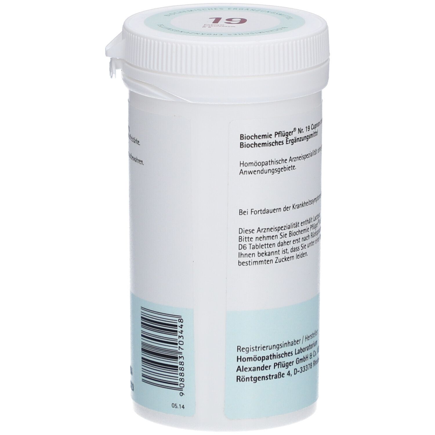 Weiße Tabletten-Dose mit Barcode. Text auf der Dose. Marke: Pflüger. Rückseite mit Text und Herstellerinformationen.