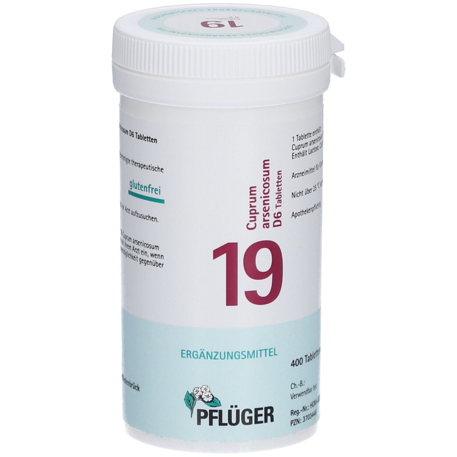 Weiße Tabletten-Dose mit Aufschrift '19' und 'Cuprum arsenicosum D6 Tabletten'. Marke: Pflüger. 400 Tabletten.