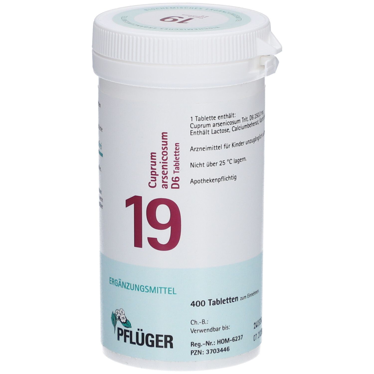 Weiße Tabletten-Dose mit Aufschrift '19' und 'Cuprum arsenicosum D6 Tabletten'. Marke: Pflüger. 400 Tabletten.