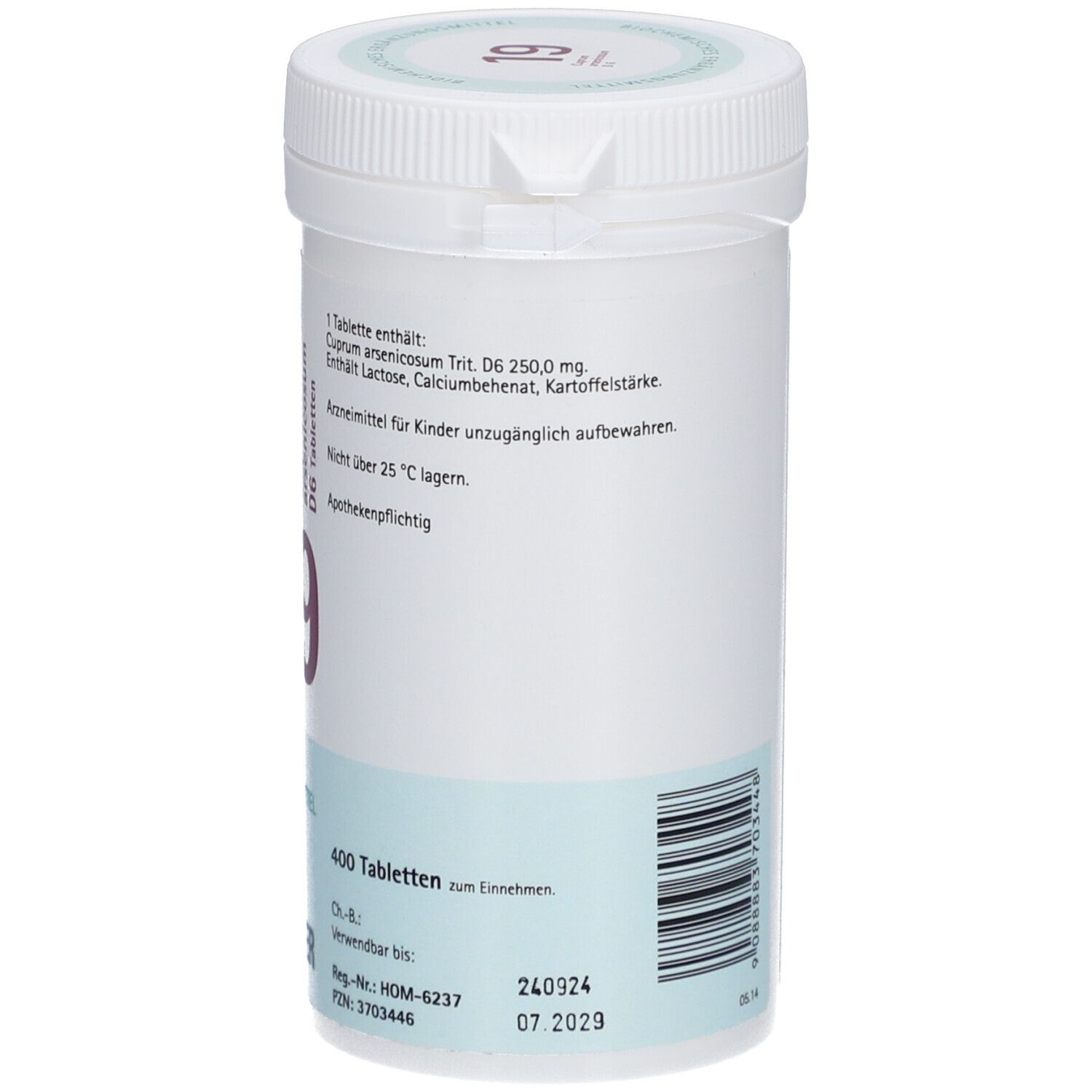 Weiße Tabletten-Dose mit Text. Aufschrift '19'. Marke: Pflüger. 400 Tabletten. Verfallsdatum: 07.2029.