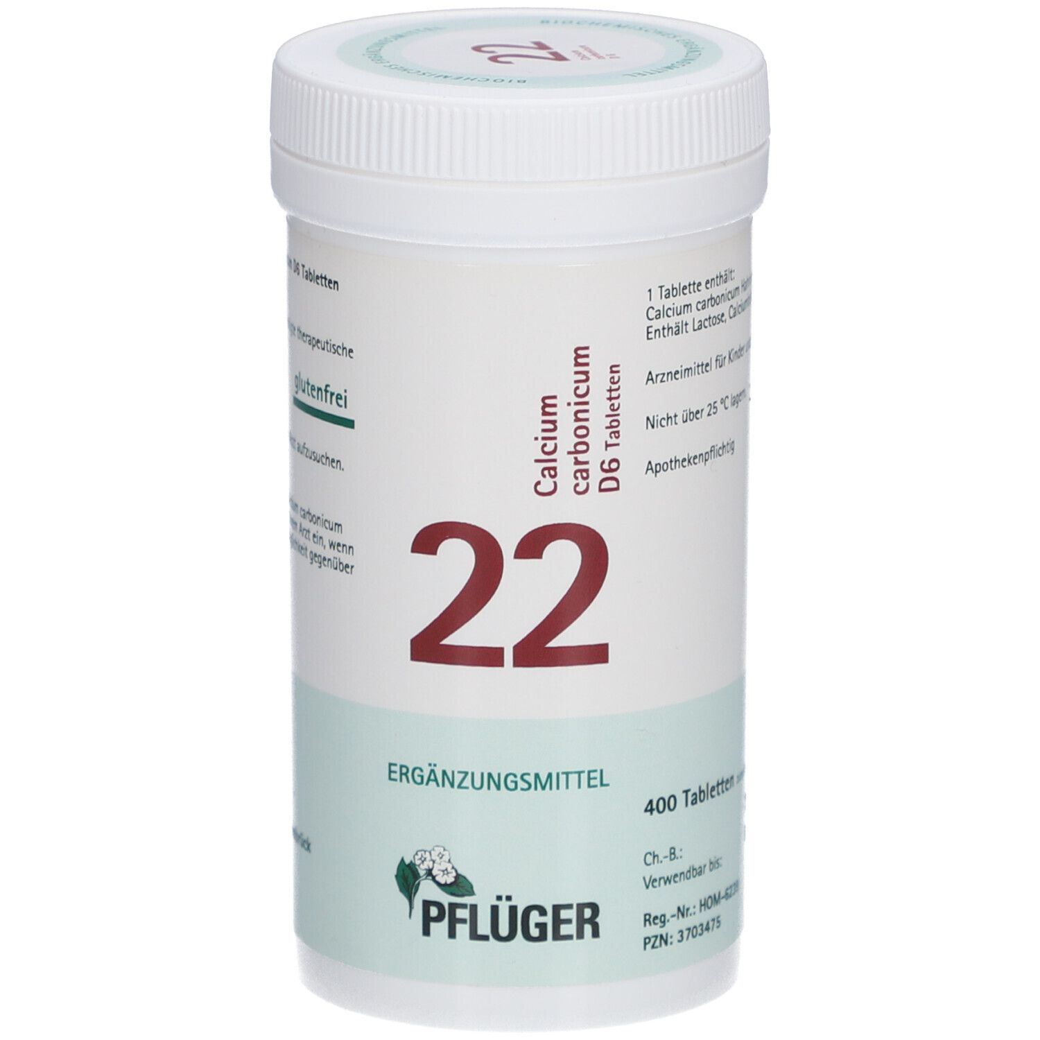 Weißes Tabletten-Behältnis mit Aufschrift 'Calcium carbonicum D6 Tabletten 22'. Grün-weiße Etikettierung. 'Pflüger' Logo.