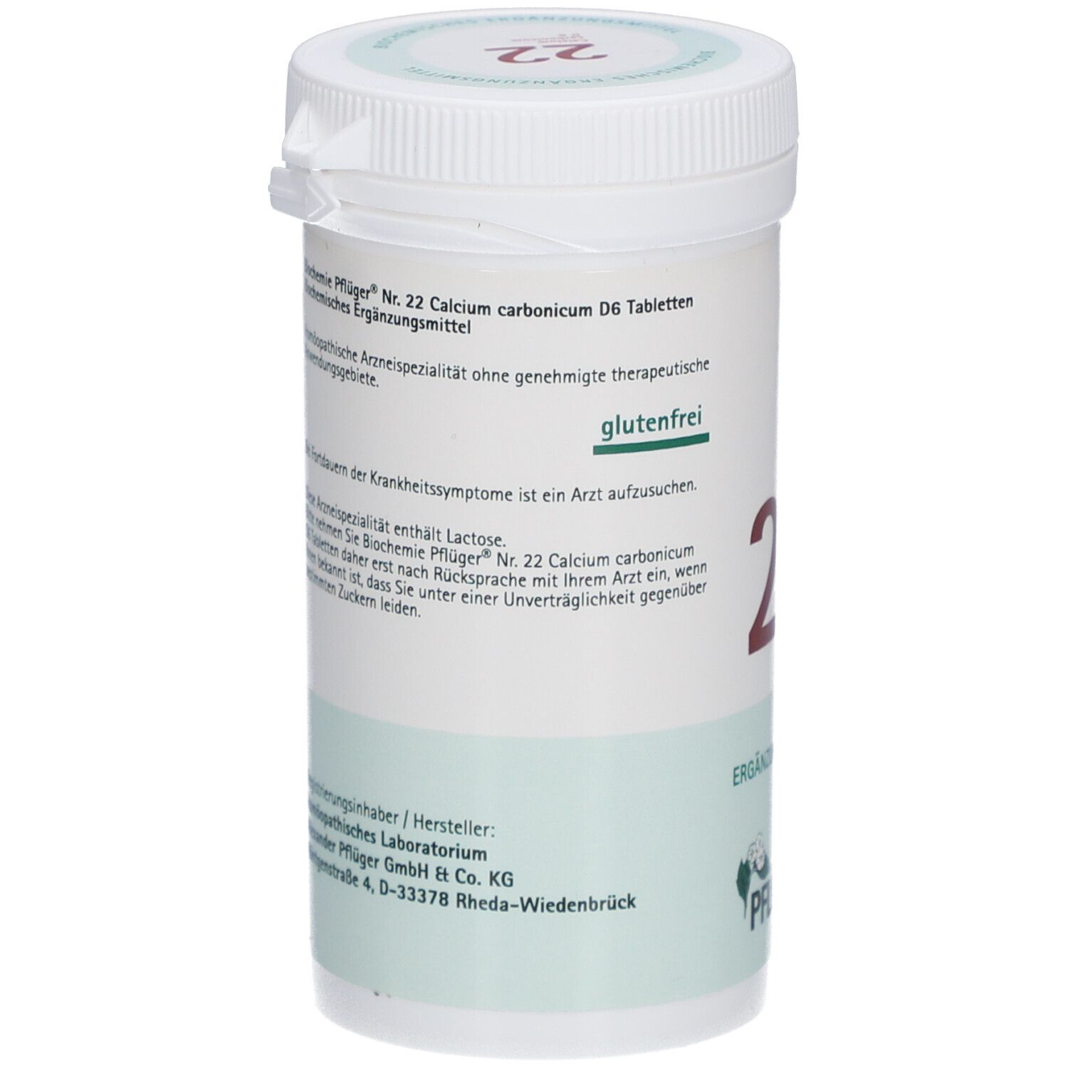 Tabletten-Behältnis, weiß, mit Aufschrift 'Calcium carbonicum D6 Tabletten 22'. 'Glutenfrei' und Herstellerinformationen. Grün-weißes Etikett.
