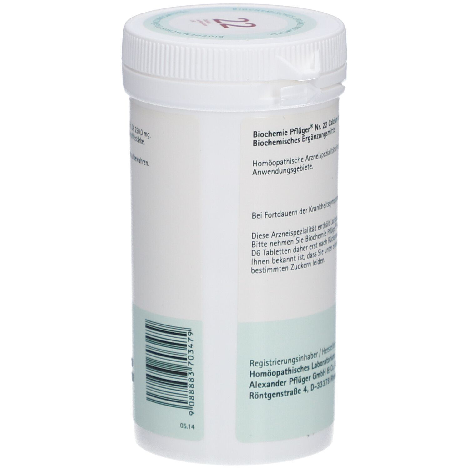 Tabletten-Behältnis, weiß, mit Barcode und Herstellerinformationen. Aufschrift 'Calcium carbonicum D6 Tabletten 22'.