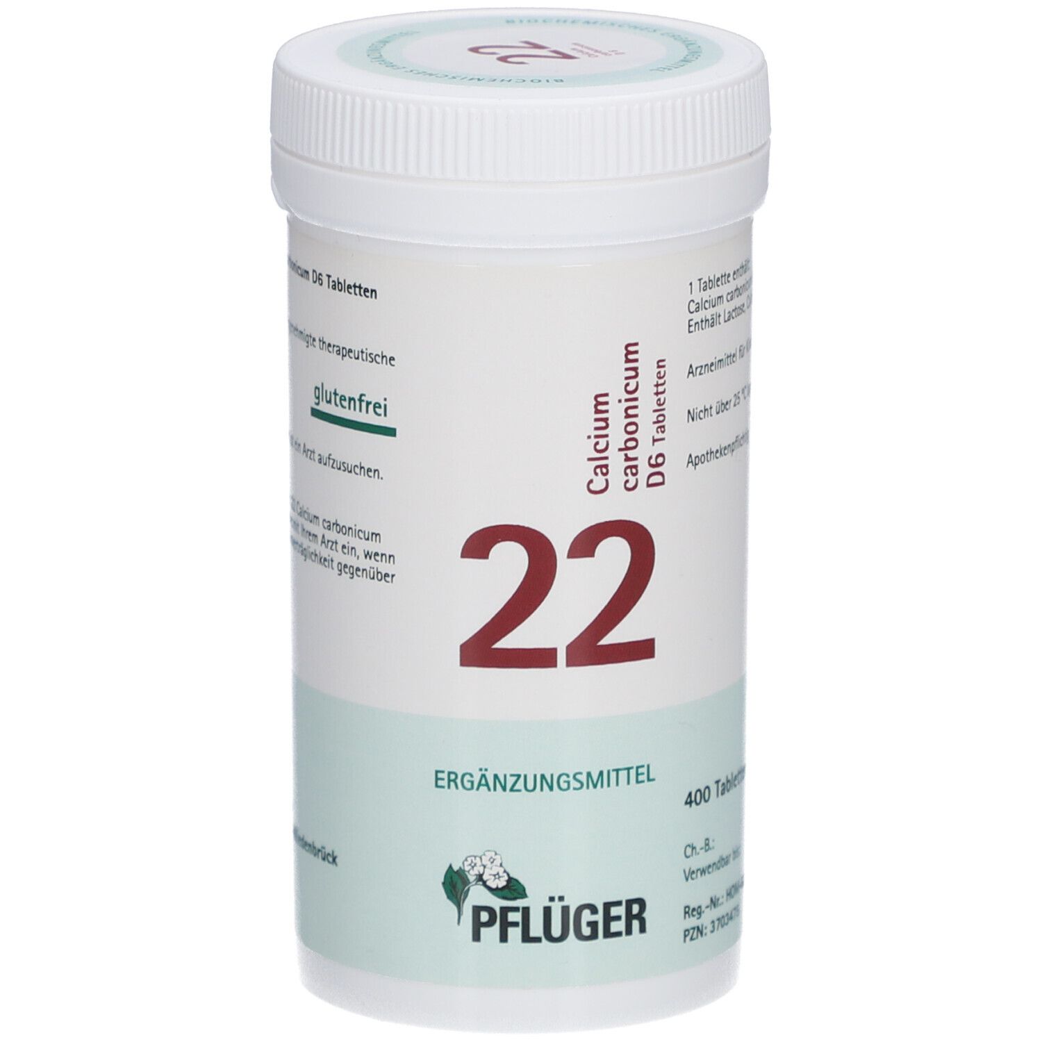 Weißes Tabletten-Behältnis mit Aufschrift 'Calcium carbonicum D6 Tabletten 22'. Grün-weißes Etikett. 'Pflüger' Logo.