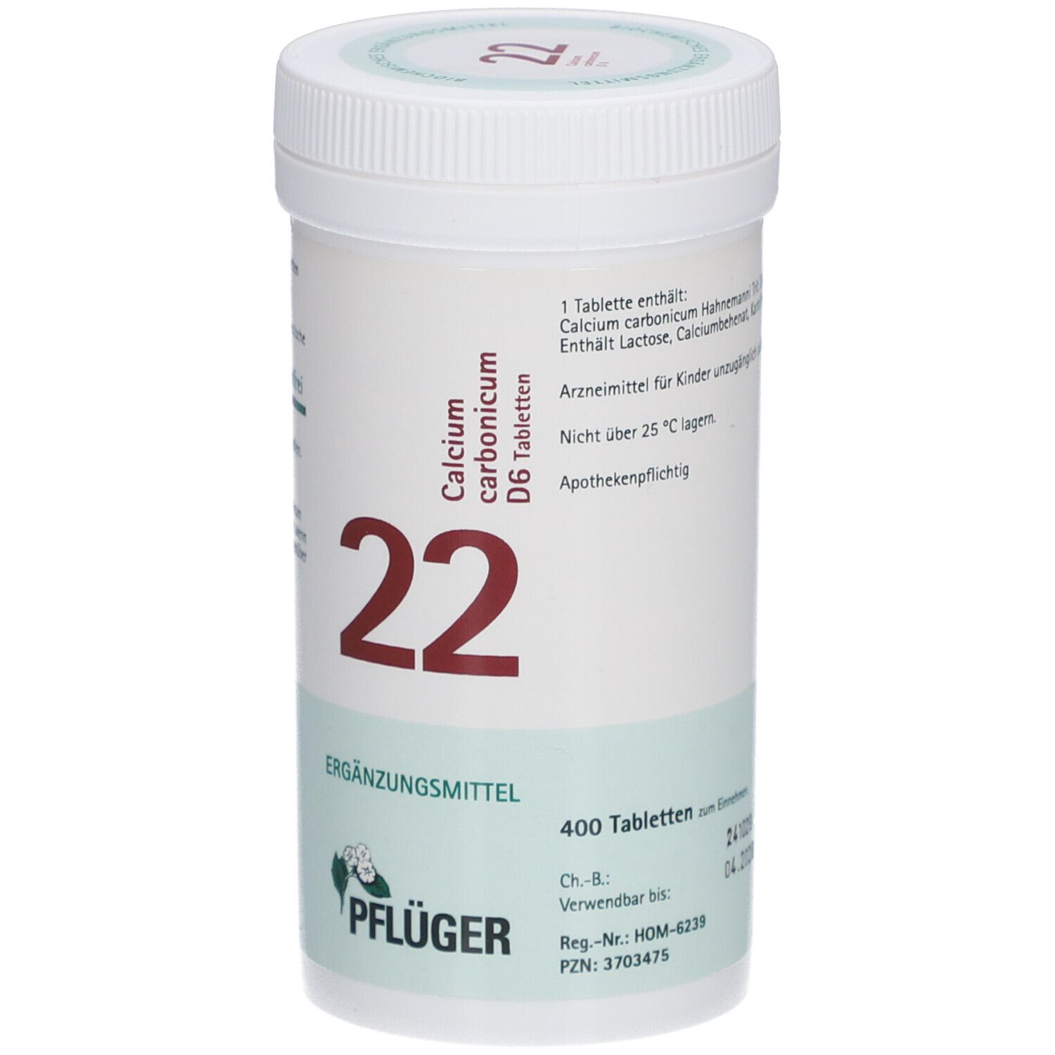 Weißes Tabletten-Behältnis mit Aufschrift 'Calcium carbonicum D6 Tabletten 22'. Grün-weißes Etikett. 'Pflüger' Logo.