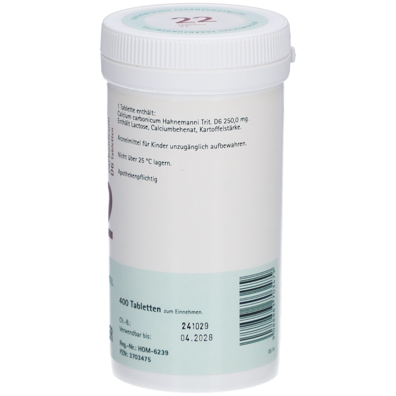Tabletten-Behältnis, weiß, mit Barcode und Herstellerinformationen. Aufschrift 'Calcium carbonicum D6 Tabletten 22'.