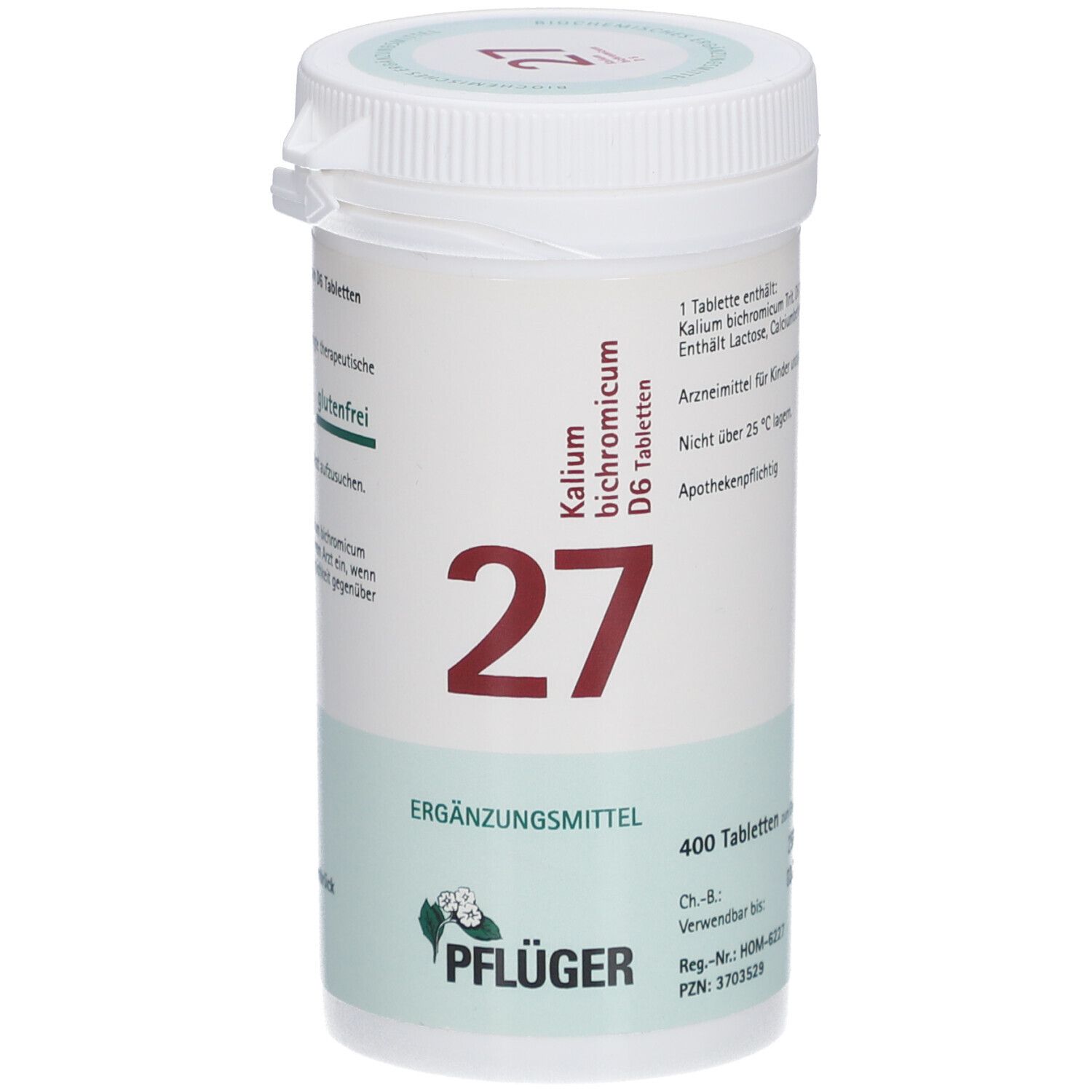 Weißes Tabletten-Behältnis mit Aufschrift '27 Kalium bichromicum D6 Tabletten'. Enthält 400 Tabletten. Marke: Pflüger.
