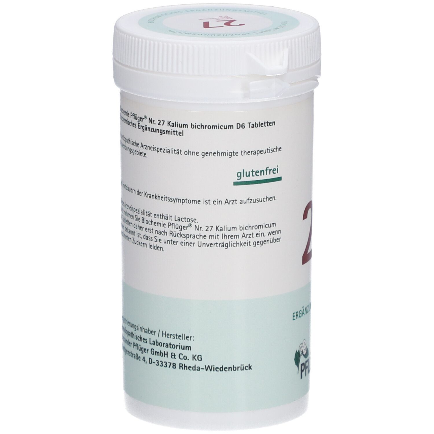 Rückseite einer weißen Tabletten-Dose mit Text. 'glutenfrei' und '27 Kalium bichromicum D6 Tabletten'. Marke: Pflüger.