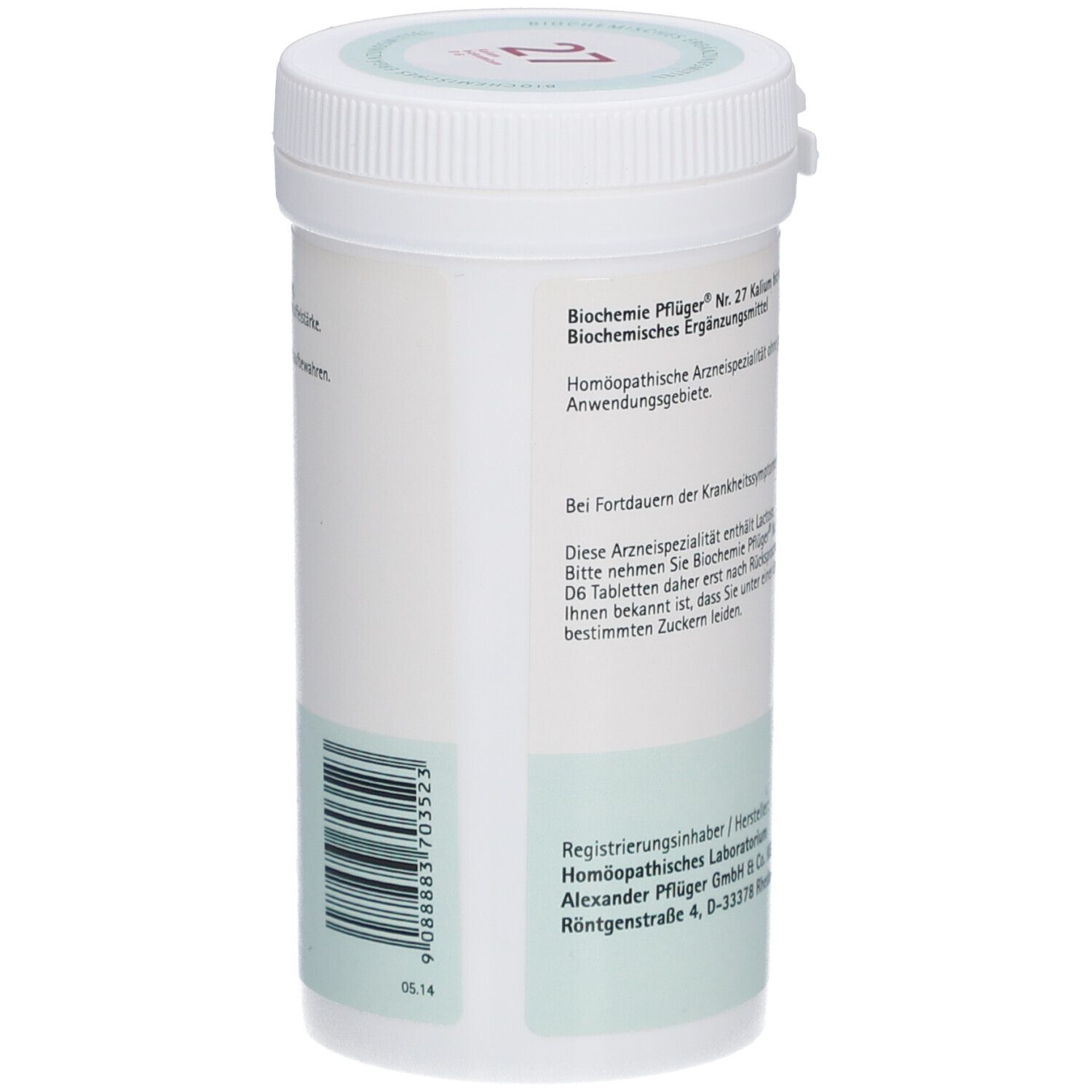 Rückseite einer weißen Tabletten-Dose mit Text. '27 Kalium bichromicum D6 Tabletten'. Marke: Pflüger.