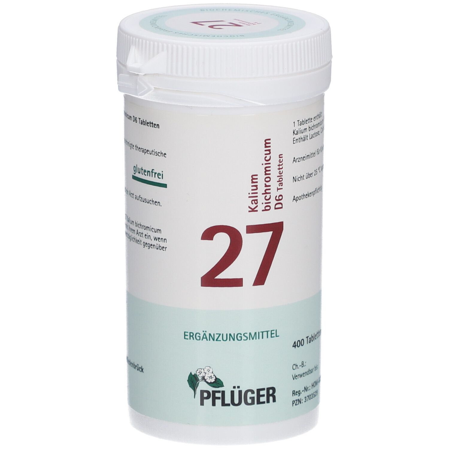 Weißes Tabletten-Behältnis mit Aufschrift '27 Kalium bichromicum D6 Tabletten'. Enthält 400 Tabletten. Marke: Pflüger.