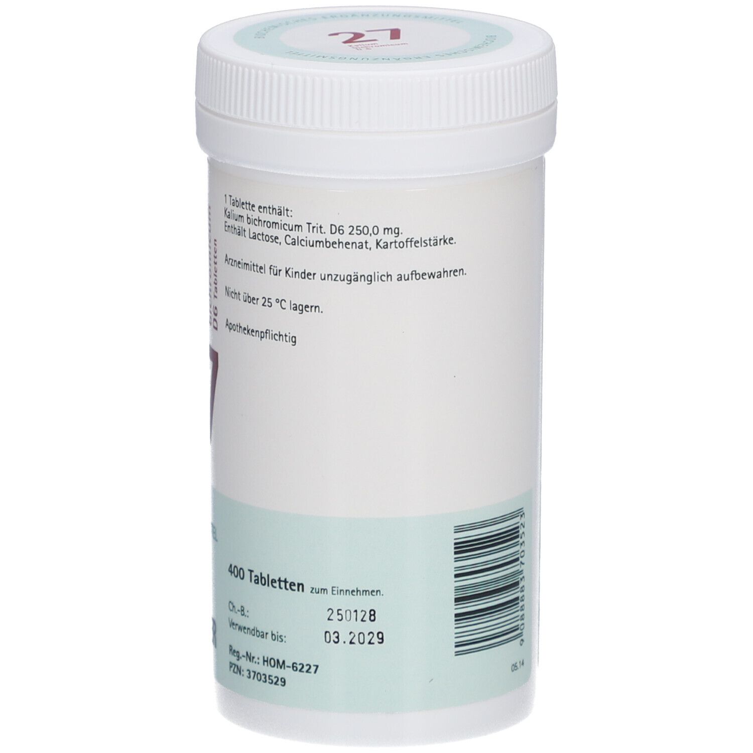 Weißes Tabletten-Behältnis mit Aufschrift '27 Kalium bichromicum D6 Tabletten'. Enthält 400 Tabletten. Marke: Pflüger.