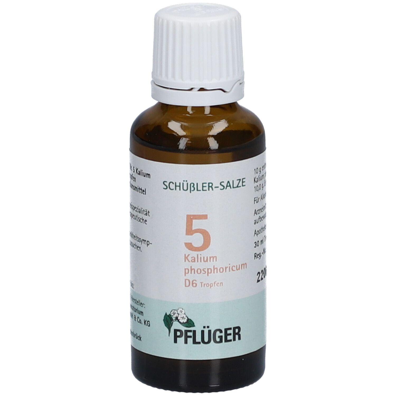 Braune Glasflasche mit weißem Deckel. Beschriftung: Schüßler-Salze 5 Kalium phosphoricum D6 Tropfen. Pflüger Logo.