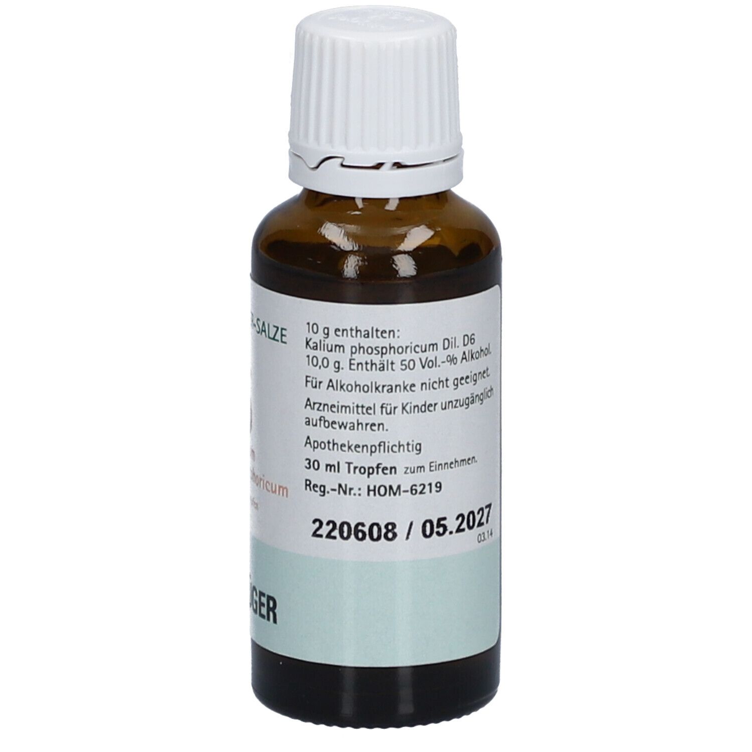 Braune Glasflasche mit weißem Deckel. Beschriftung: Schüßler-Salze 5 Kalium phosphoricum D6 Tropfen. 30 ml Tropfen. Verfallsdatum 05.2027.