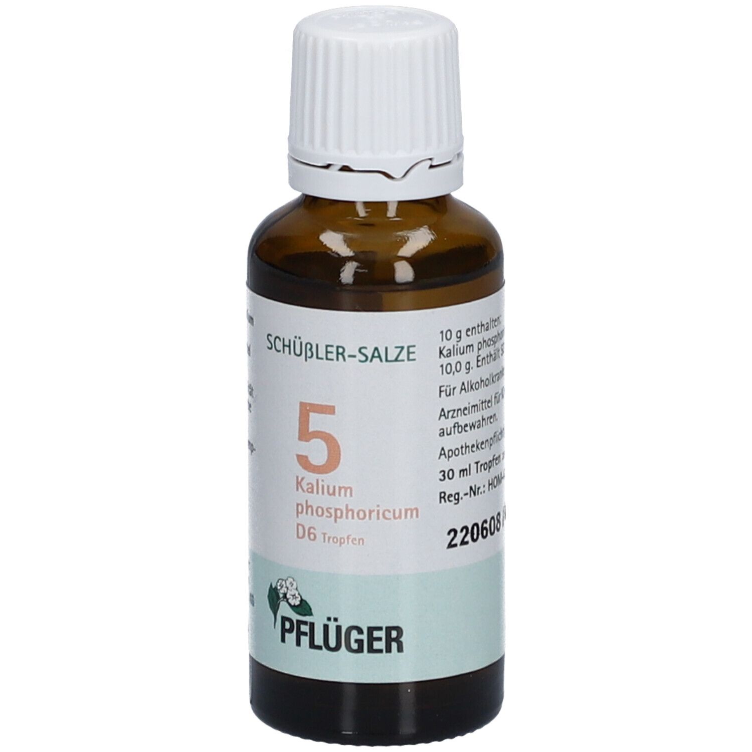 Braune Glasflasche mit weißem Deckel. Beschriftung: Schüßler-Salze 5 Kalium phosphoricum D6 Tropfen. Pflüger Logo.