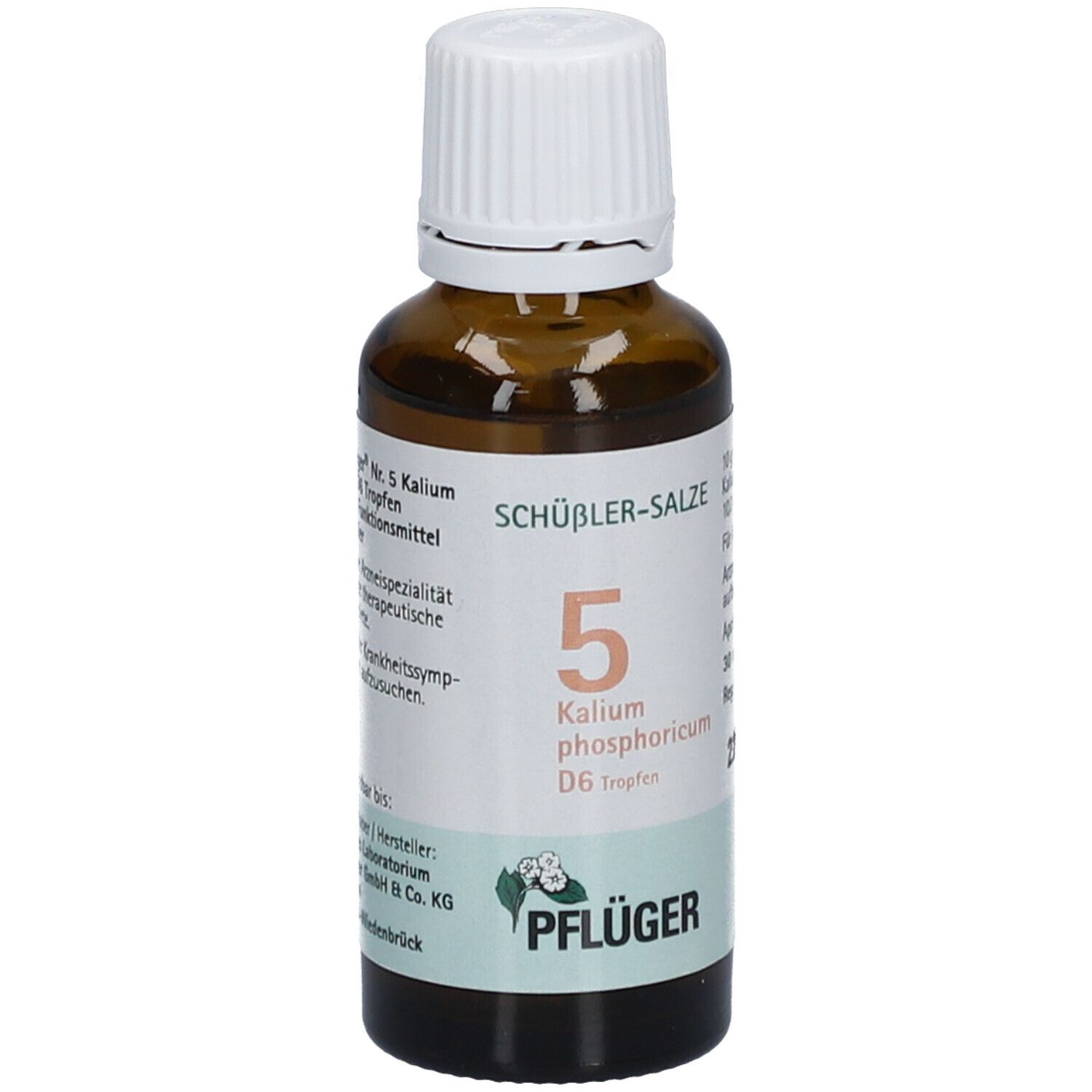 Braune Glasflasche mit weißem Deckel. Beschriftung: Schüßler-Salze 5 Kalium phosphoricum D6 Tropfen. Pflüger Logo.