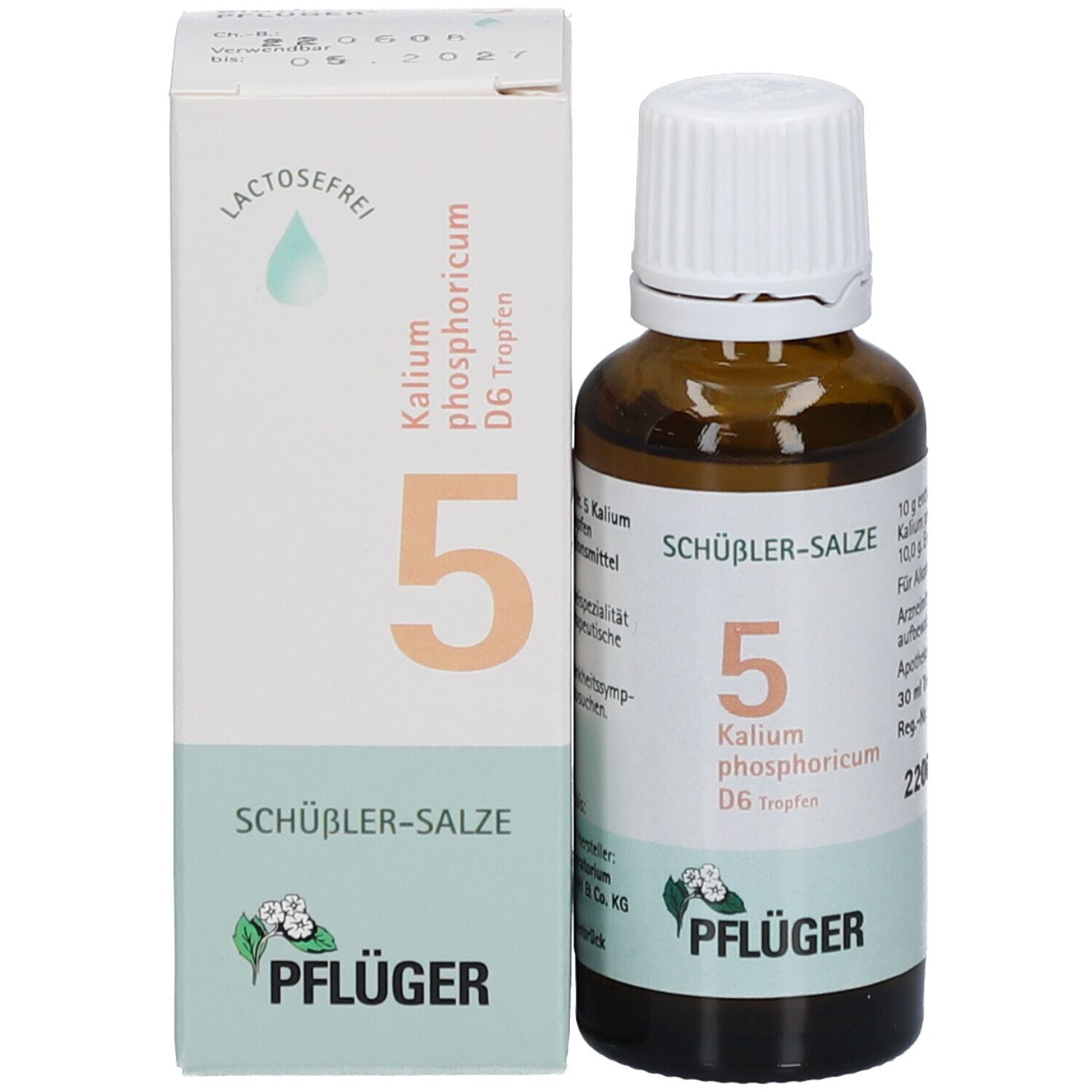 Braune Glasflasche und Schachtel. Beschriftung: Schüßler-Salze 5 Kalium phosphoricum D6 Tropfen. Lactosefrei. Pflüger Logo.