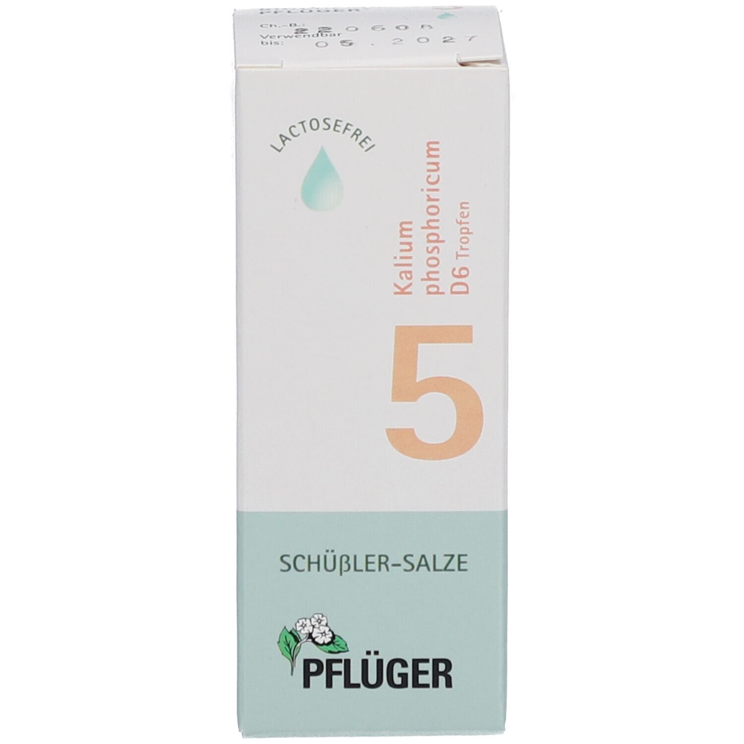 Weiße Schachtel. Beschriftung: Schüßler-Salze 5 Kalium phosphoricum D6 Tropfen. Lactosefrei. Pflüger Logo.