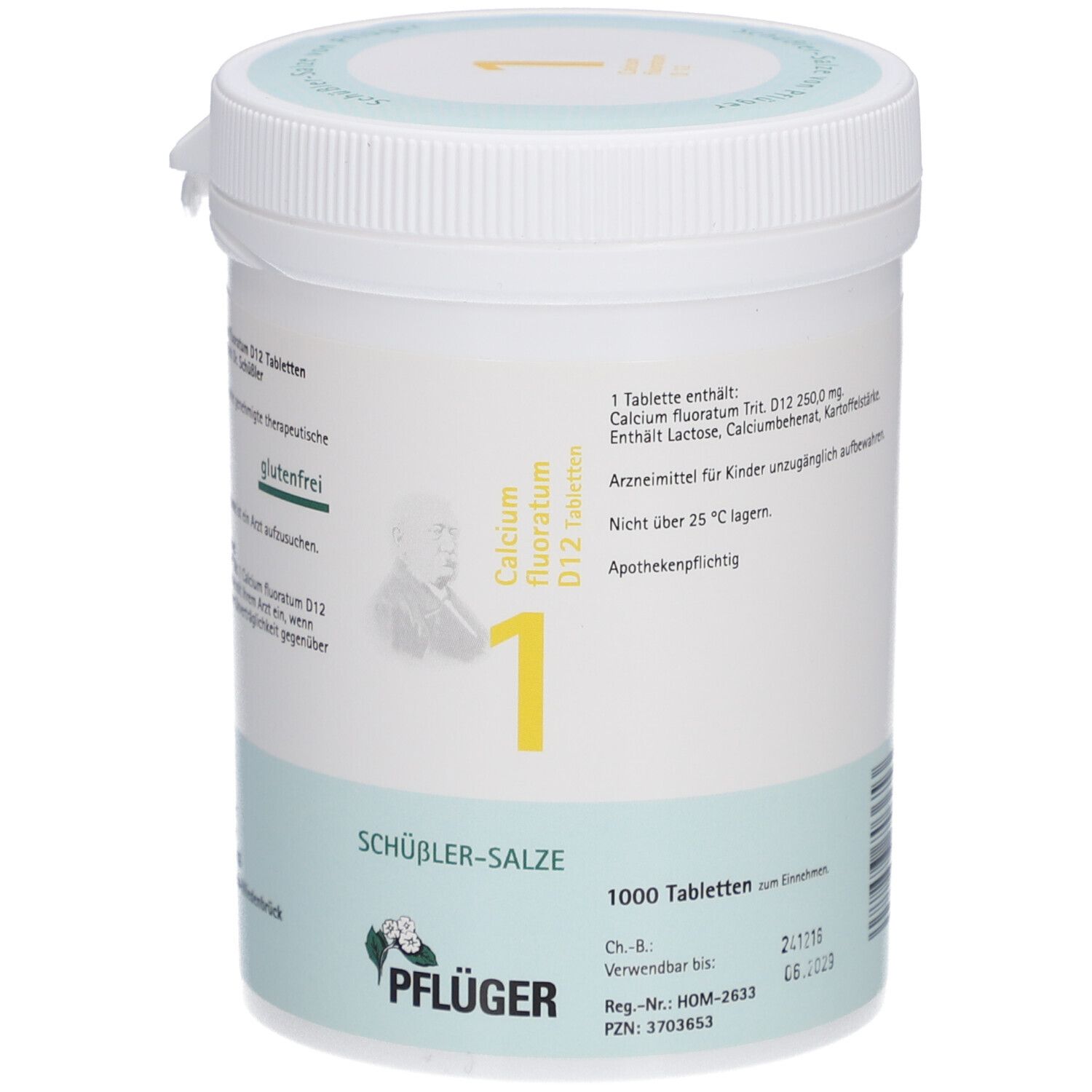 Weiße Dose mit Tabletten. Aufschrift: Schüßler-Salze 1 Calcium fluoratum D12 Tabletten, 1000 Tabletten. Pflüger Logo.