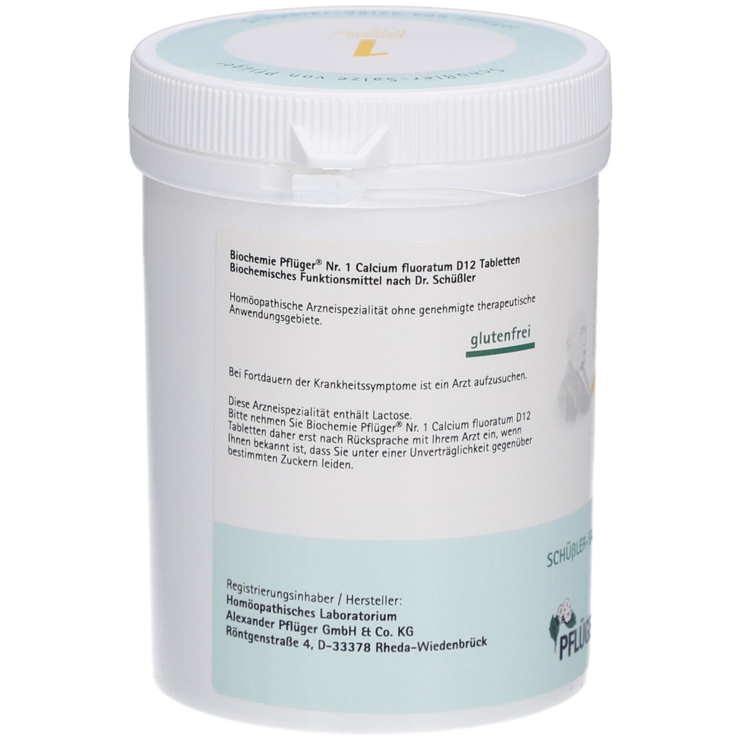 Rückseite der weißen Tablettendose. Text: Biochemie Pflüger Nr. 1 Calcium fluoratum D12 Tabletten. Glutenfrei-Siegel. Herstellerangaben.