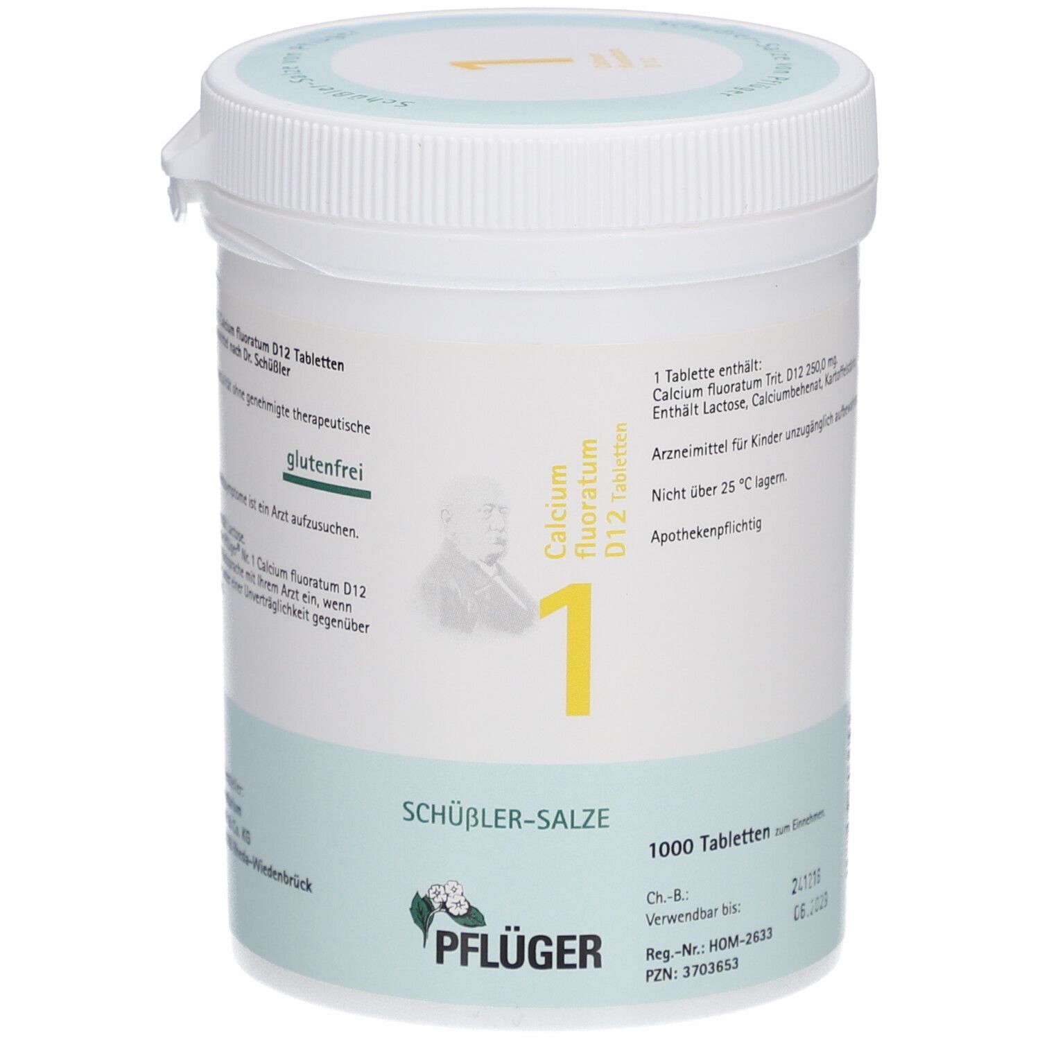 Weiße Dose mit Tabletten. Aufschrift: Schüßler-Salze 1 Calcium fluoratum D12 Tabletten, 1000 Tabletten. Pflüger Logo.