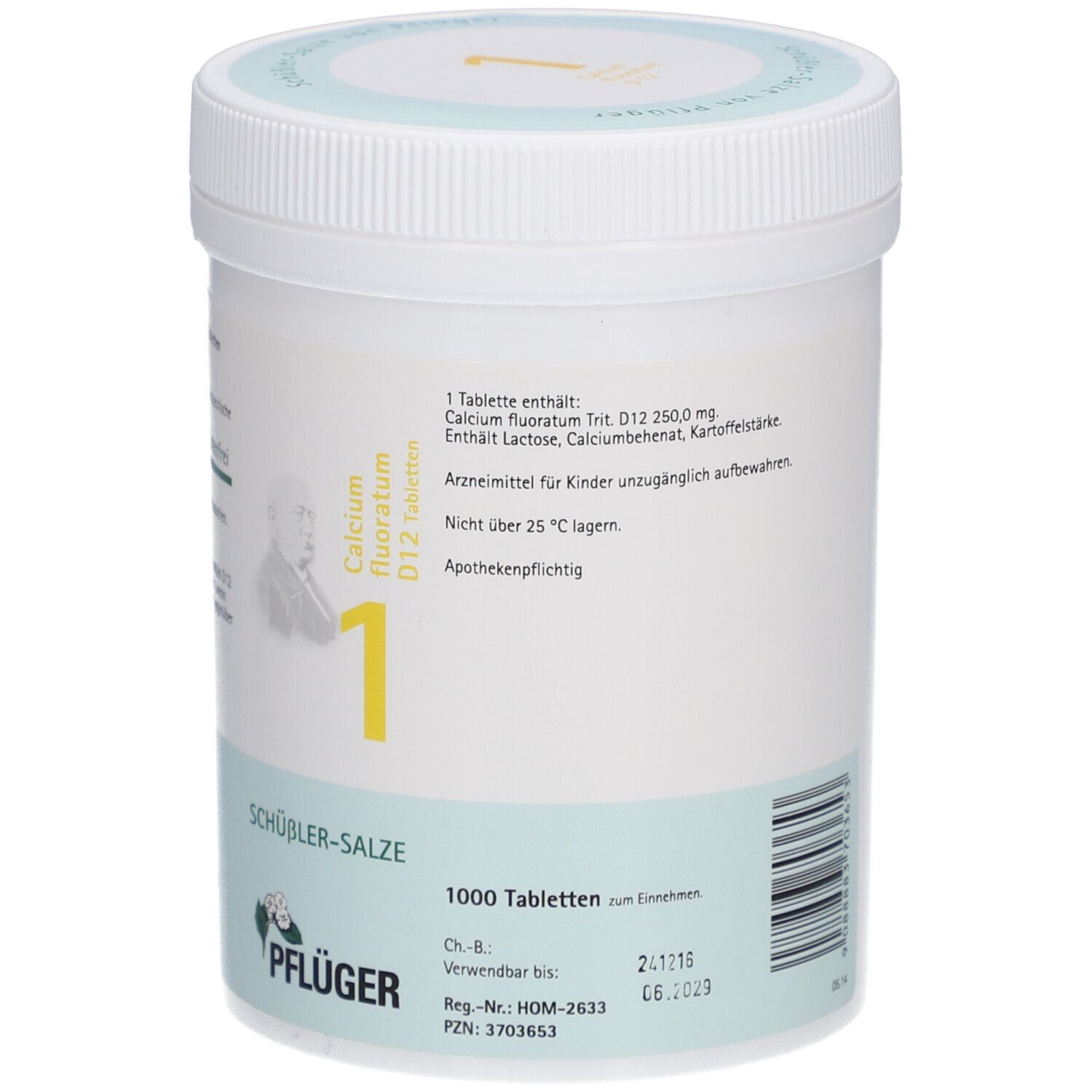 Weiße Dose mit Tabletten. Aufschrift: Schüßler-Salze 1 Calcium fluoratum D12 Tabletten, 1000 Tabletten. Pflüger Logo.