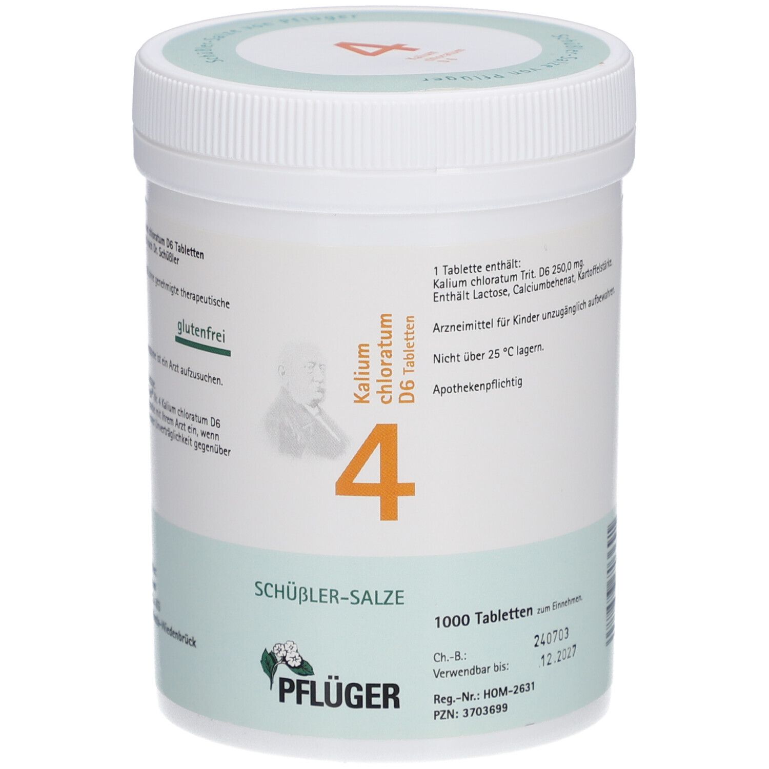 Weiße Dose mit "Schüßler-Salze 4 Kalium chloratum D6 Tabletten". Aufschrift "Pflüger". Enthält 1000 Tabletten. Glutenfrei.