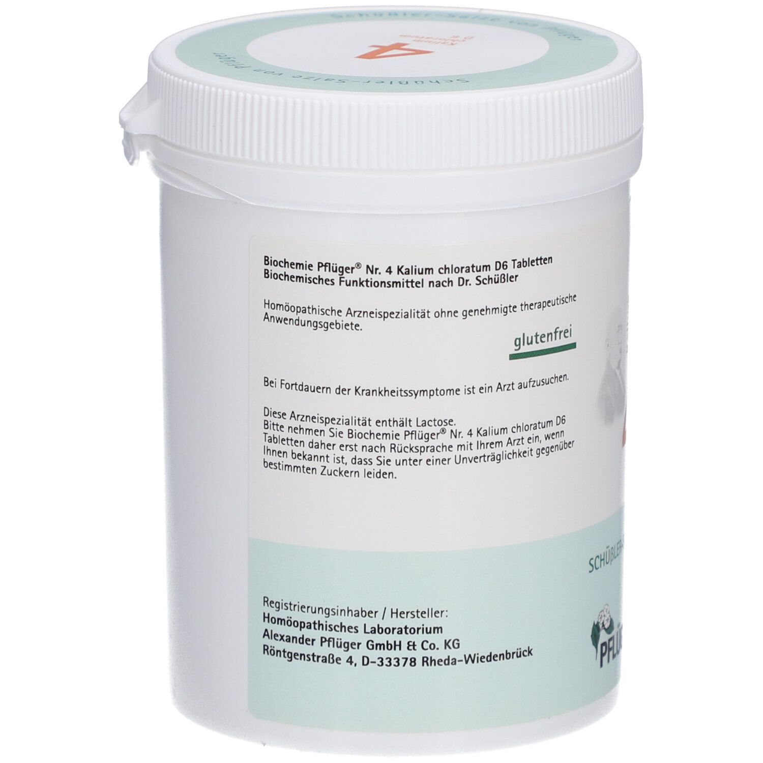 Weiße Dose mit "Schüßler-Salze 4 Kalium chloratum D6 Tabletten". Aufschrift "Pflüger". Glutenfrei. Rückseite mit Text.