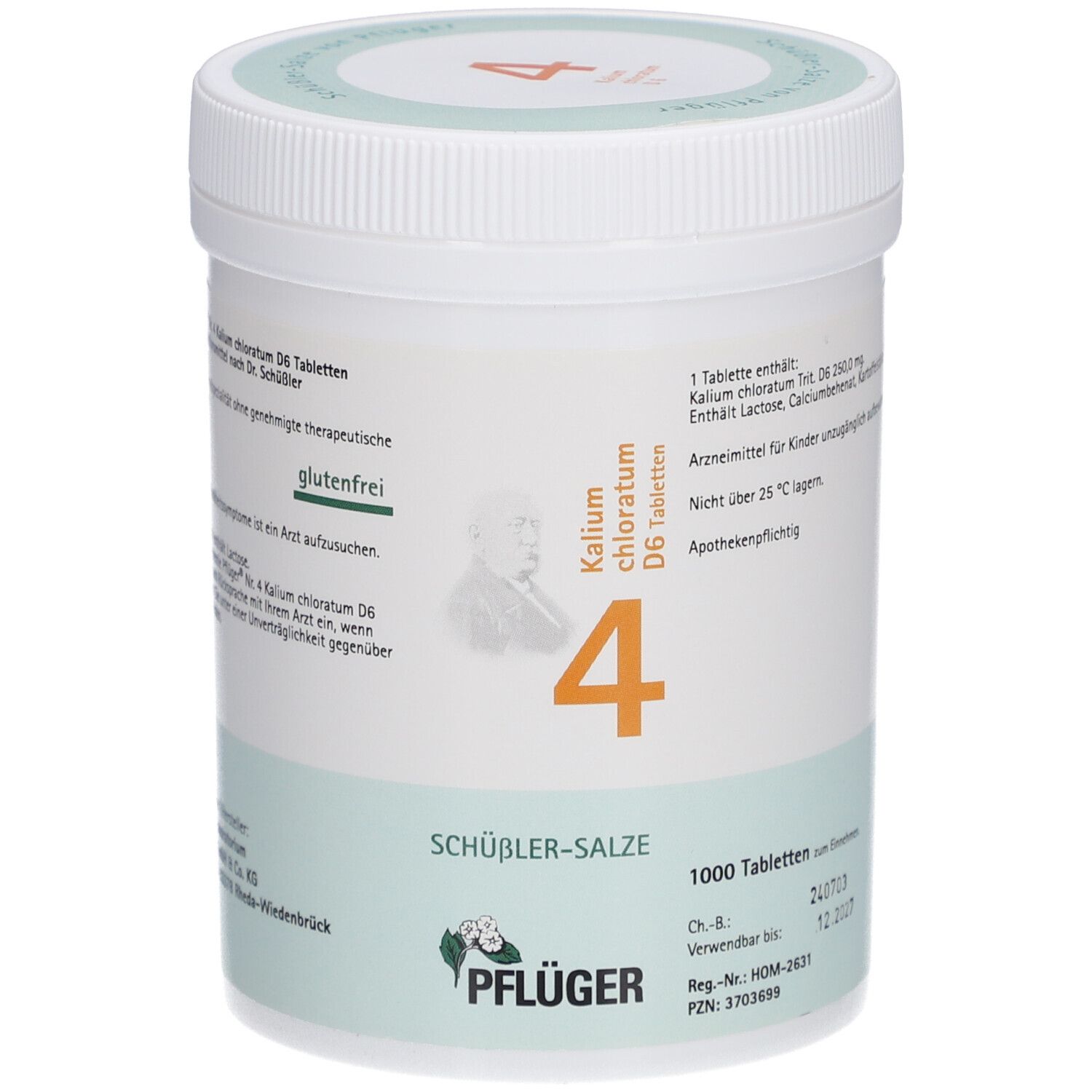 Weiße Dose mit "Schüßler-Salze 4 Kalium chloratum D6 Tabletten". Aufschrift "Pflüger". Enthält 1000 Tabletten. Glutenfrei.