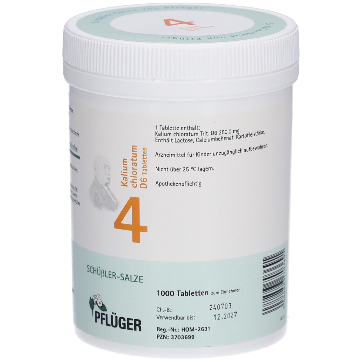 Weiße Dose mit "Schüßler-Salze 4 Kalium chloratum D6 Tabletten". Aufschrift "Pflüger". Enthält 1000 Tabletten. Glutenfrei.
