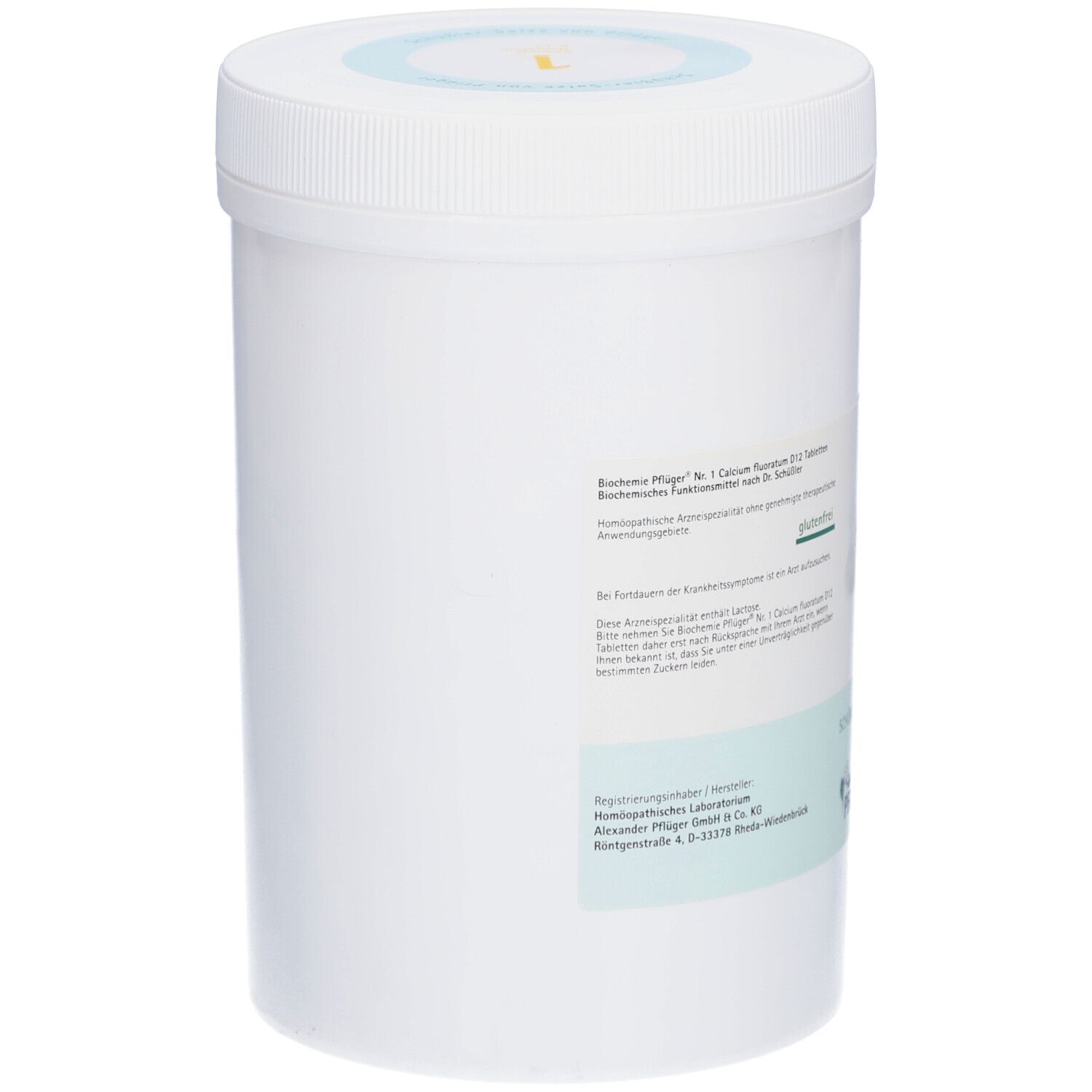 Weißer, zylindrischer Behälter mit Schraubverschluss. Etikett mit Produktinformationen. Rückseite des Behälters.