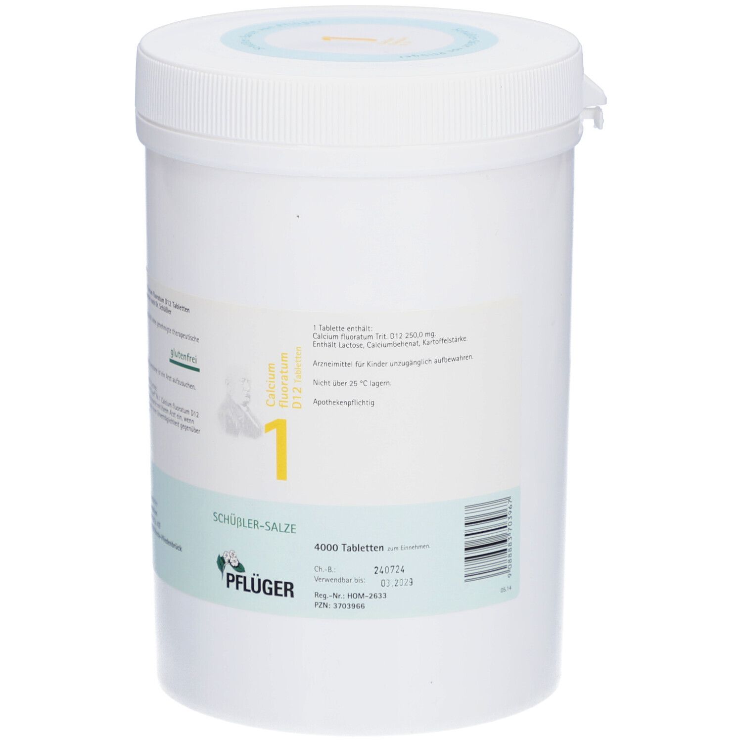 Weißer, zylindrischer Behälter mit Schraubverschluss. Etikett mit Produktinformationen und dem Logo von Pflüger. 4000 Tabletten.