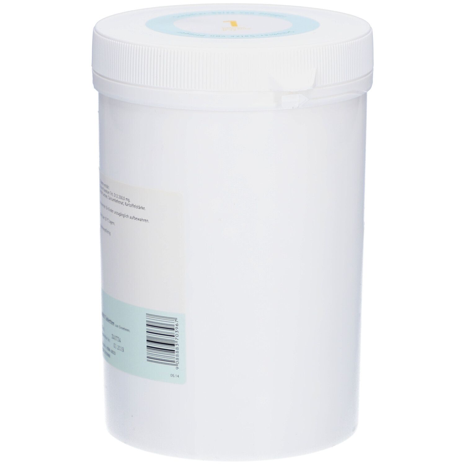 Weißer, zylindrischer Behälter mit Schraubverschluss. Etikett mit Produktinformationen und Barcode. Rückansicht.