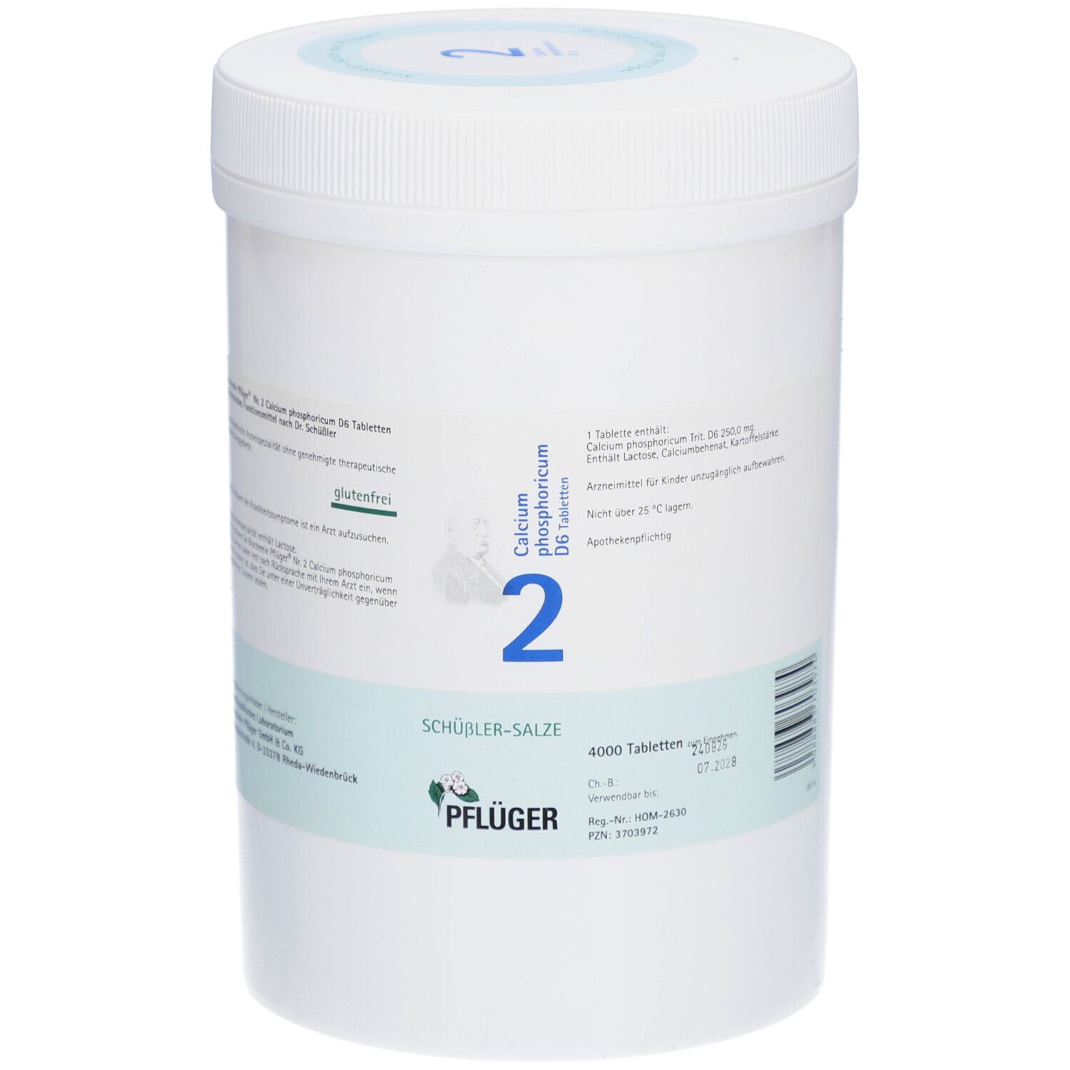 Weiße Dose mit blau-weißer Beschriftung. Aufschrift: Calcium phosphoricum D6 Tabletten, Schüßler-Salze, 4000 Tabletten. Marke: Pflüger.