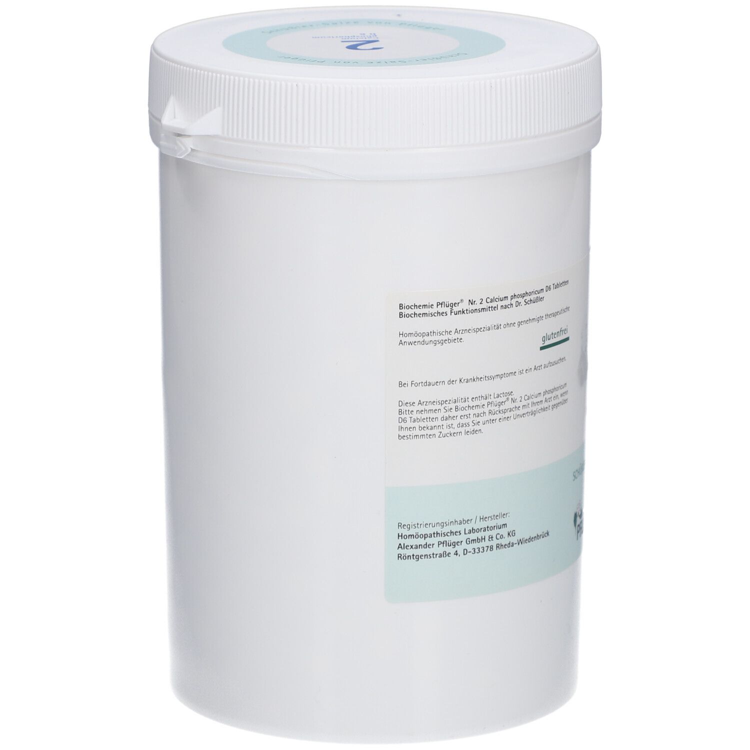 Weiße Dose mit blau-weißer Beschriftung. Aufschrift: Calcium phosphoricum D6 Tabletten, Schüßler-Salze. Marke: Pflüger. Glutenfrei.