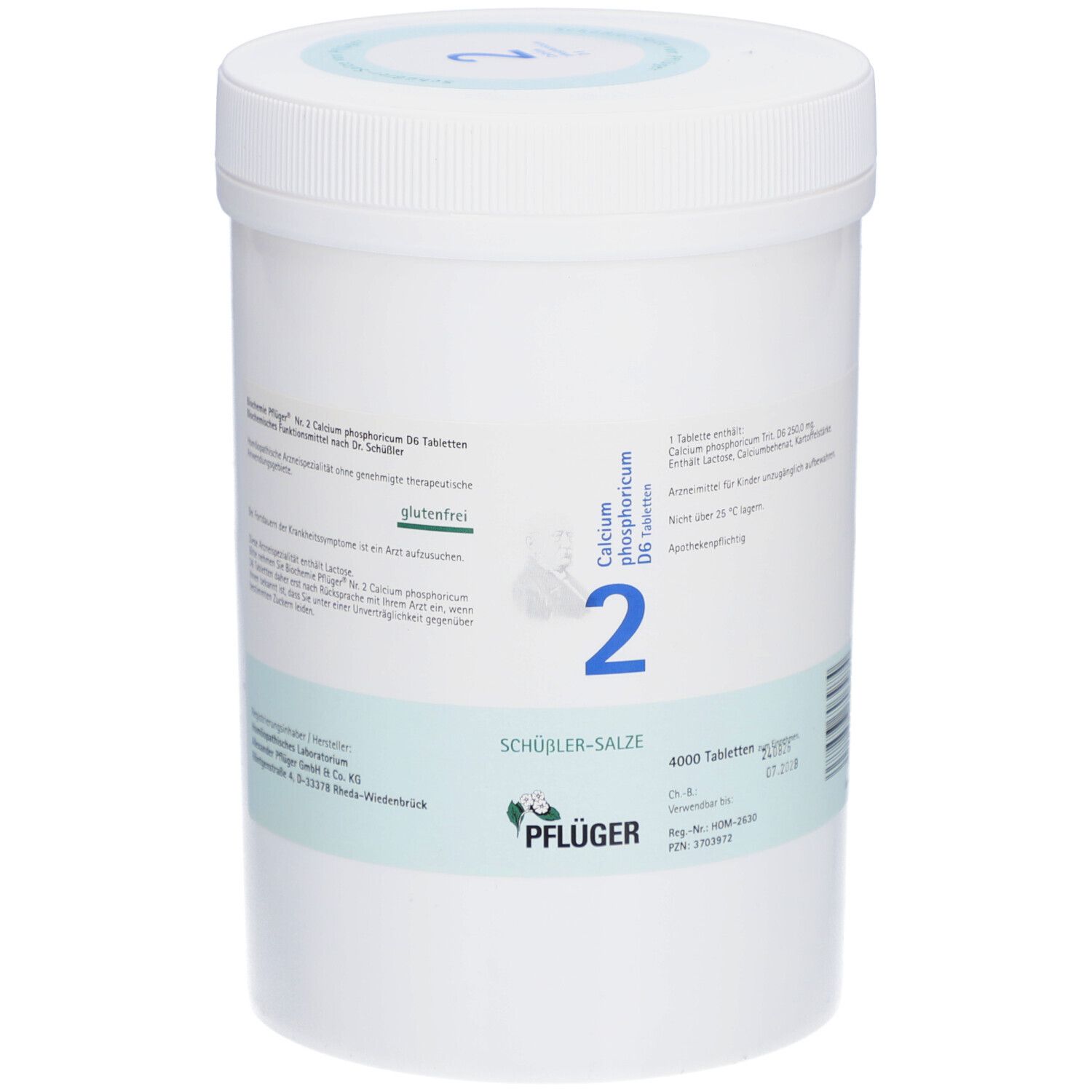 Weiße Dose mit blau-weißer Beschriftung. Aufschrift: Calcium phosphoricum D6 Tabletten, Schüßler-Salze, 4000 Tabletten. Marke: Pflüger. Glutenfrei.