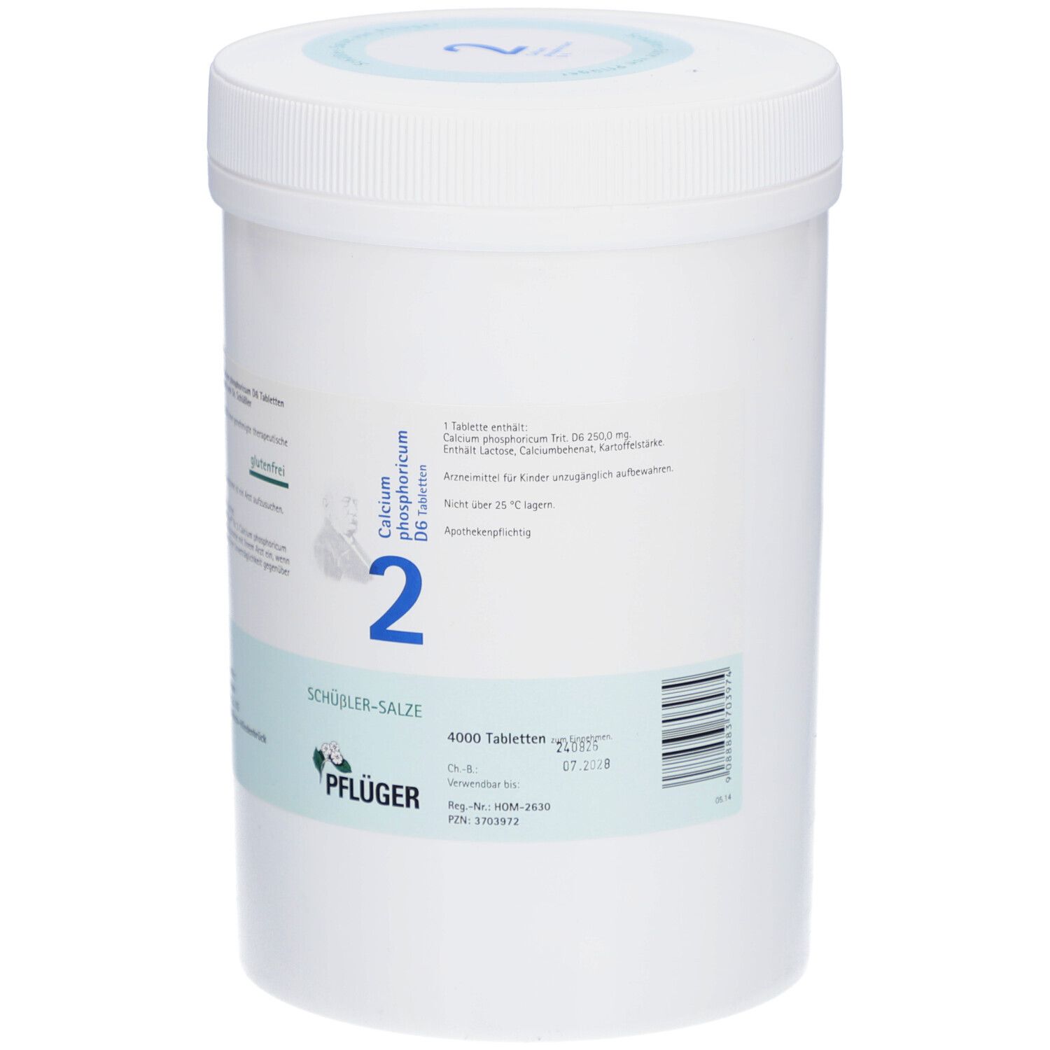 Weiße Dose mit blau-weißer Beschriftung. Aufschrift: Calcium phosphoricum D6 Tabletten, Schüßler-Salze, 4000 Tabletten. Marke: Pflüger.