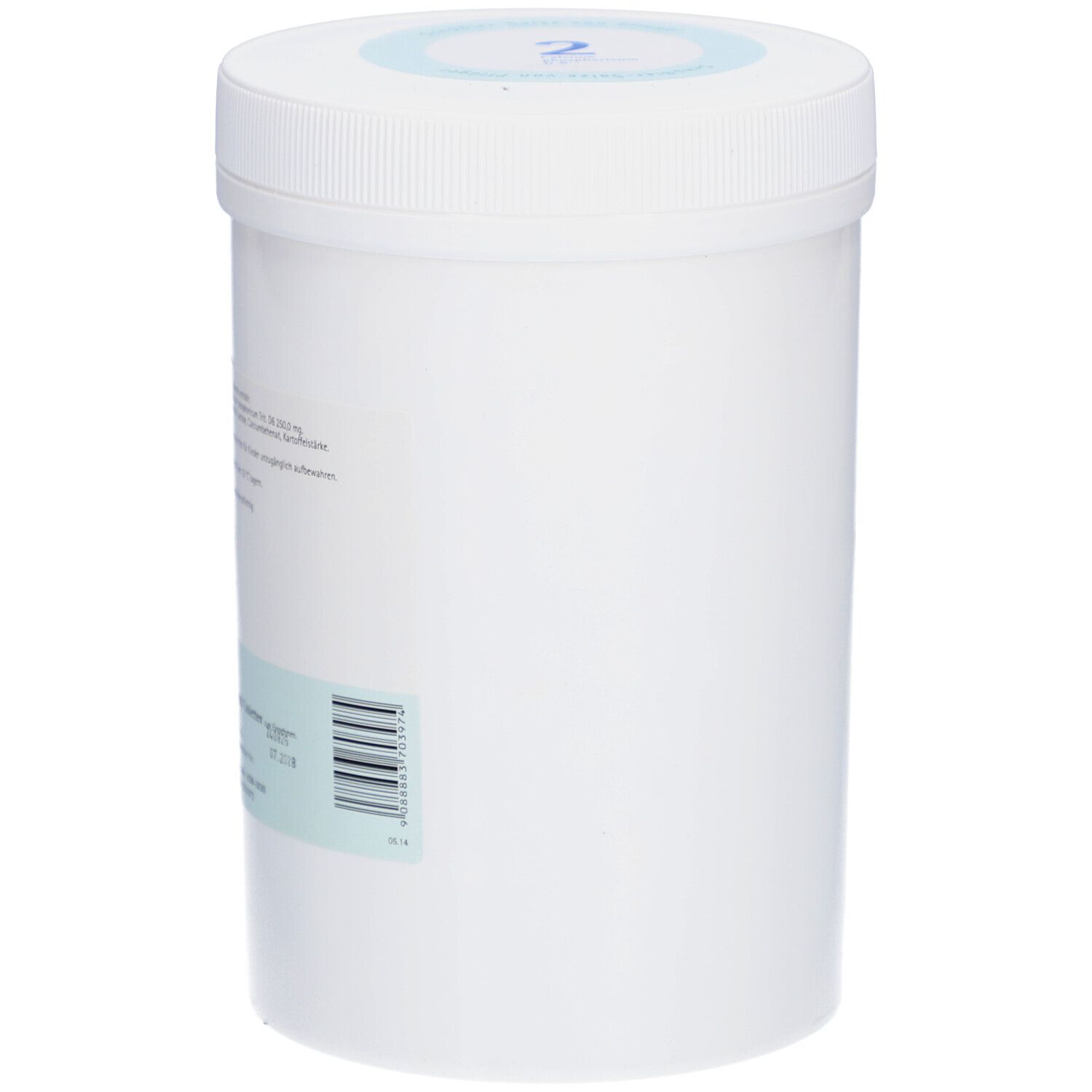 Weiße Dose mit blauem Deckel. Auf der Dose befindet sich eine Beschriftung und ein Barcode.