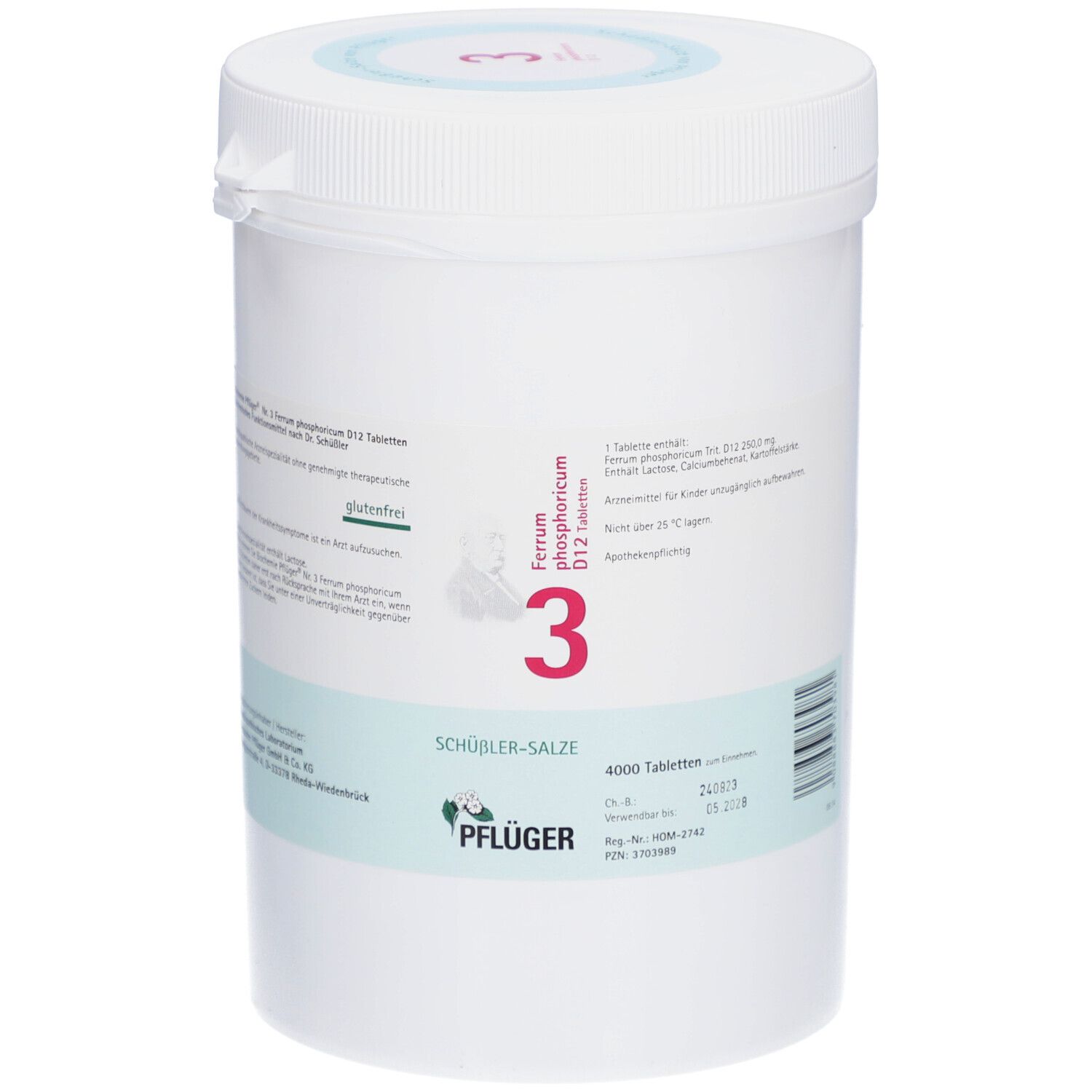 Weiße Dose mit Aufschrift 'Schüßler-Salze 3 Ferrum phosphoricum D12 Tabletten'. Pflüger-Logo und weitere Informationen.