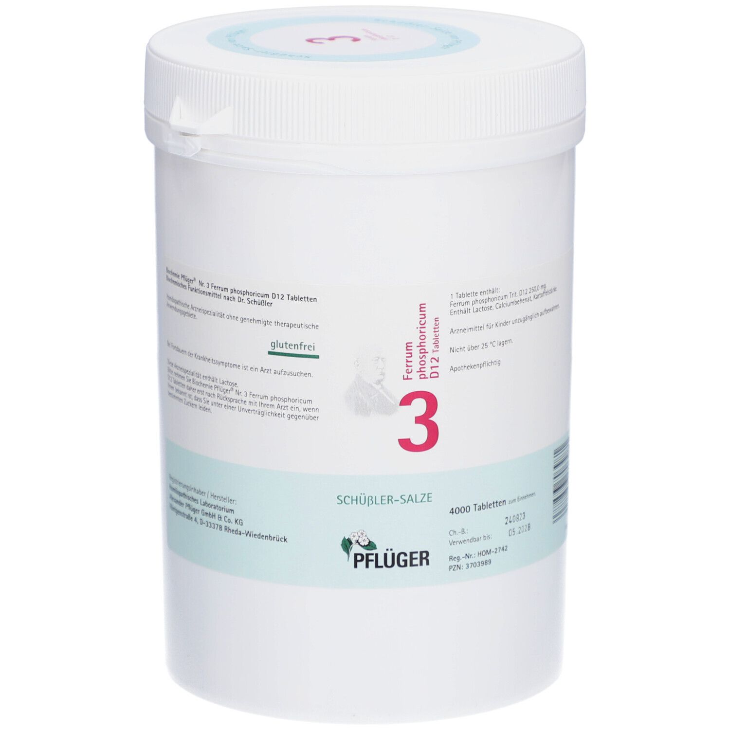 Weiße Dose mit Aufschrift 'Schüßler-Salze 3 Ferrum phosphoricum D12 Tabletten'. Pflüger-Logo und weitere Informationen.