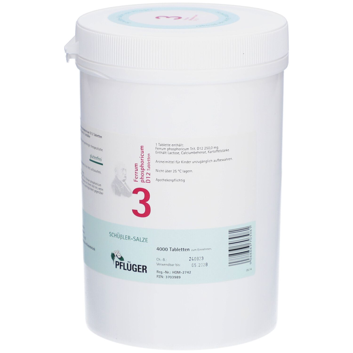 Weiße Dose mit Aufschrift 'Schüßler-Salze 3 Ferrum phosphoricum D12 Tabletten'. Pflüger-Logo und weitere Informationen.